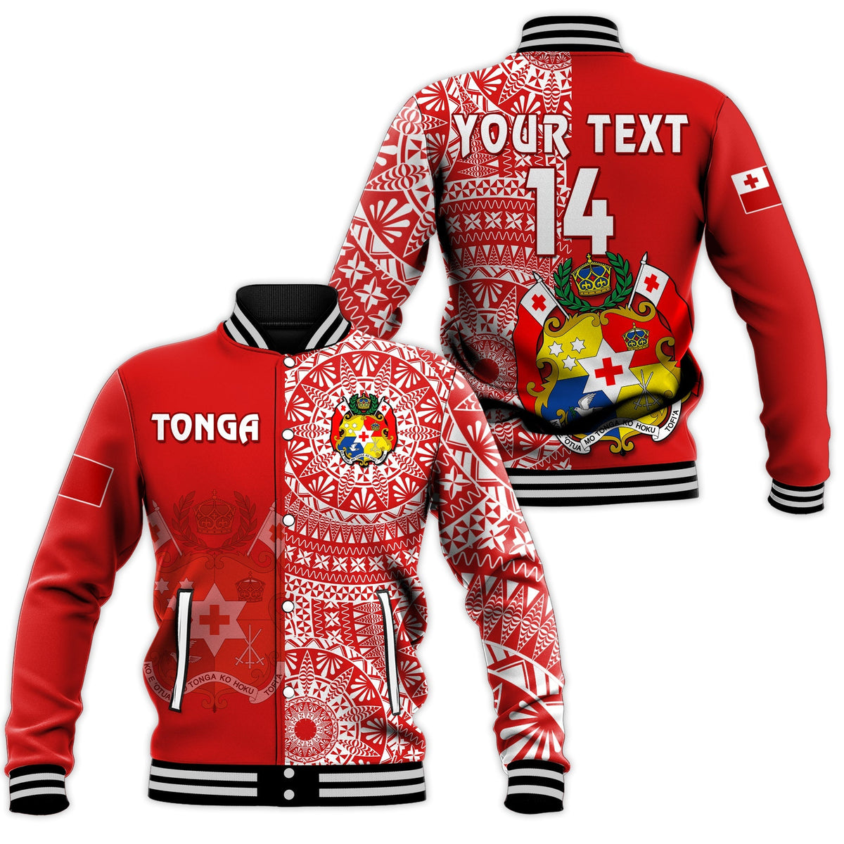 Custom Text And Number Tonga Baseball Jacket Tongan Coat Of Arms Ngatu Pattern - Wonder Print Shop