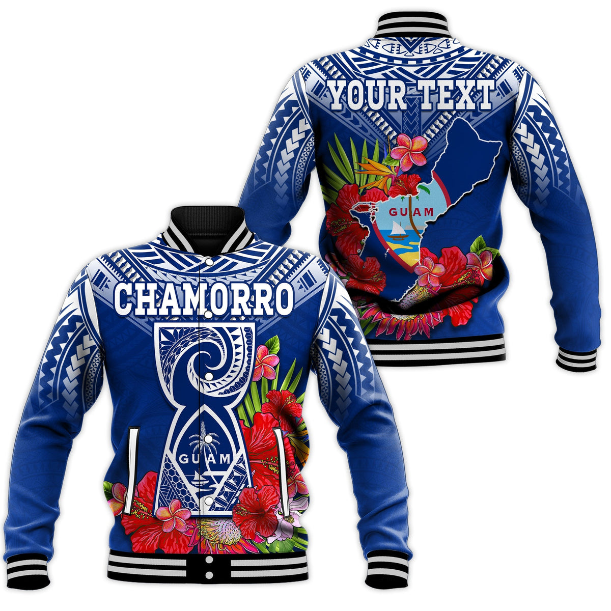 Custom Personalised Guam Chamorro Baseball Jacket Guaman Latte Stone Tropical Flowers Blue Version - Wonder Print Shop