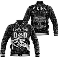 Black varsity baseball jacket with Viking runs, Mjolnir on back, and 'Dad' on front