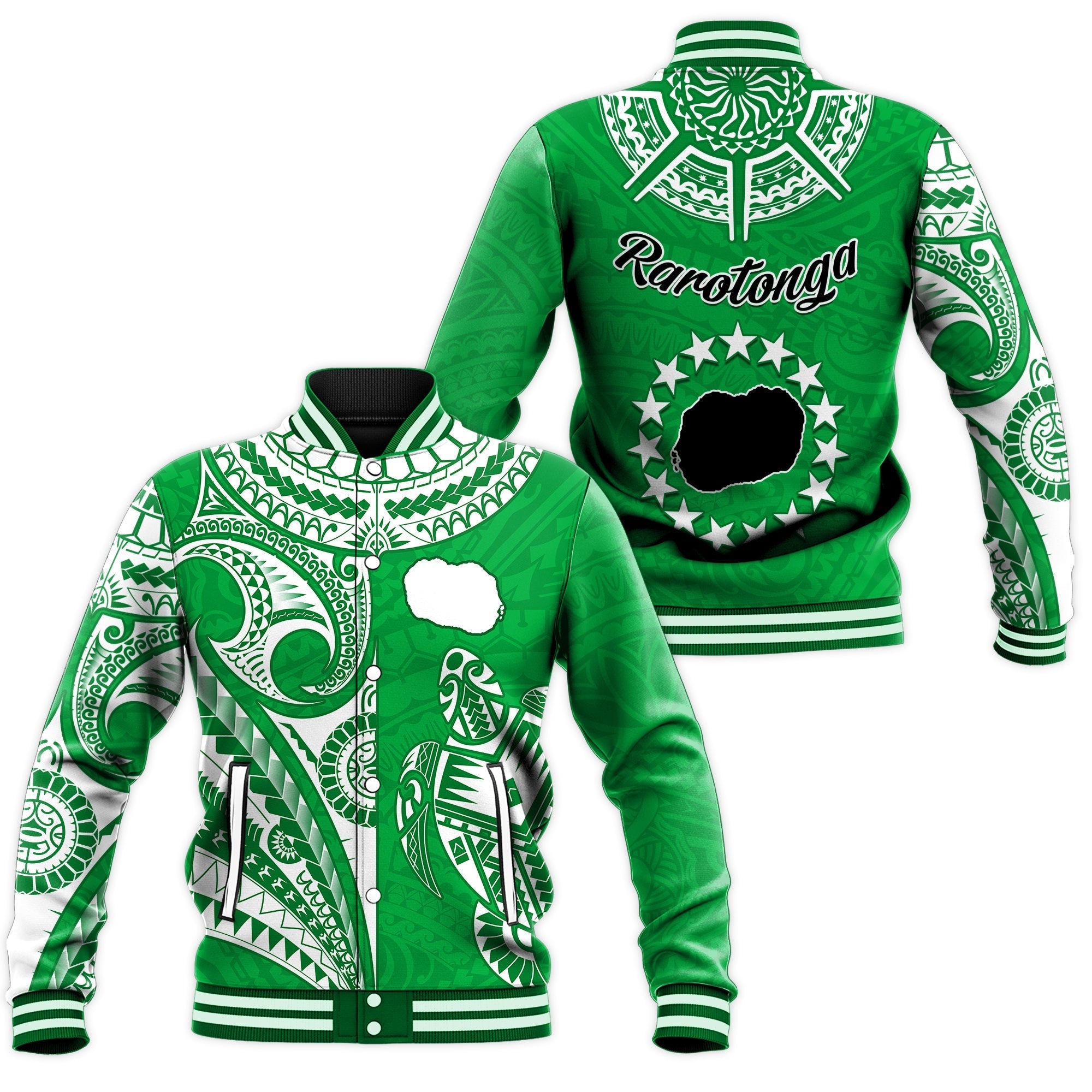 Rarotonga Cook Islands Baseball Jacket Turtle and Map Style Green LT13 - Wonder Print Shop
