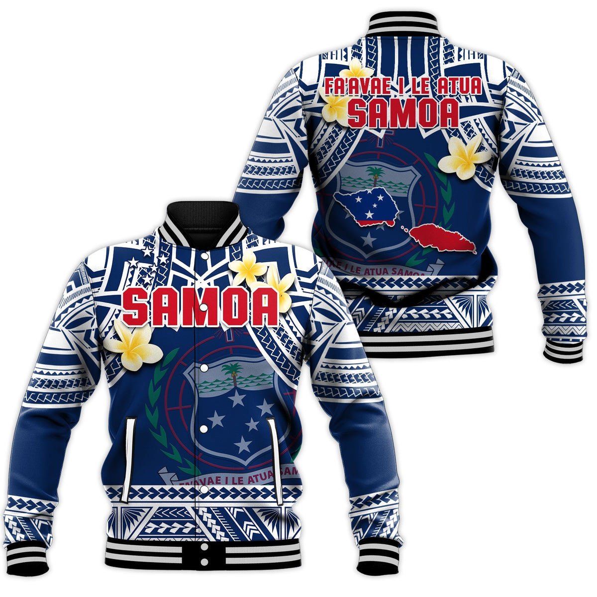 Samoa Baseball Jacket Samoan Plumeria Flowers Mix Polynesian Pattern - Wonder Print Shop