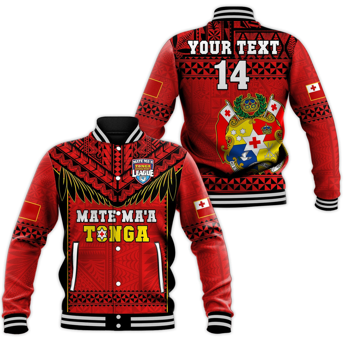 Custom Text And Number Tonga Rugby Baseball Jacket Mate Maa Tonga Pacific Ngatu Black - Wonder Print Shop