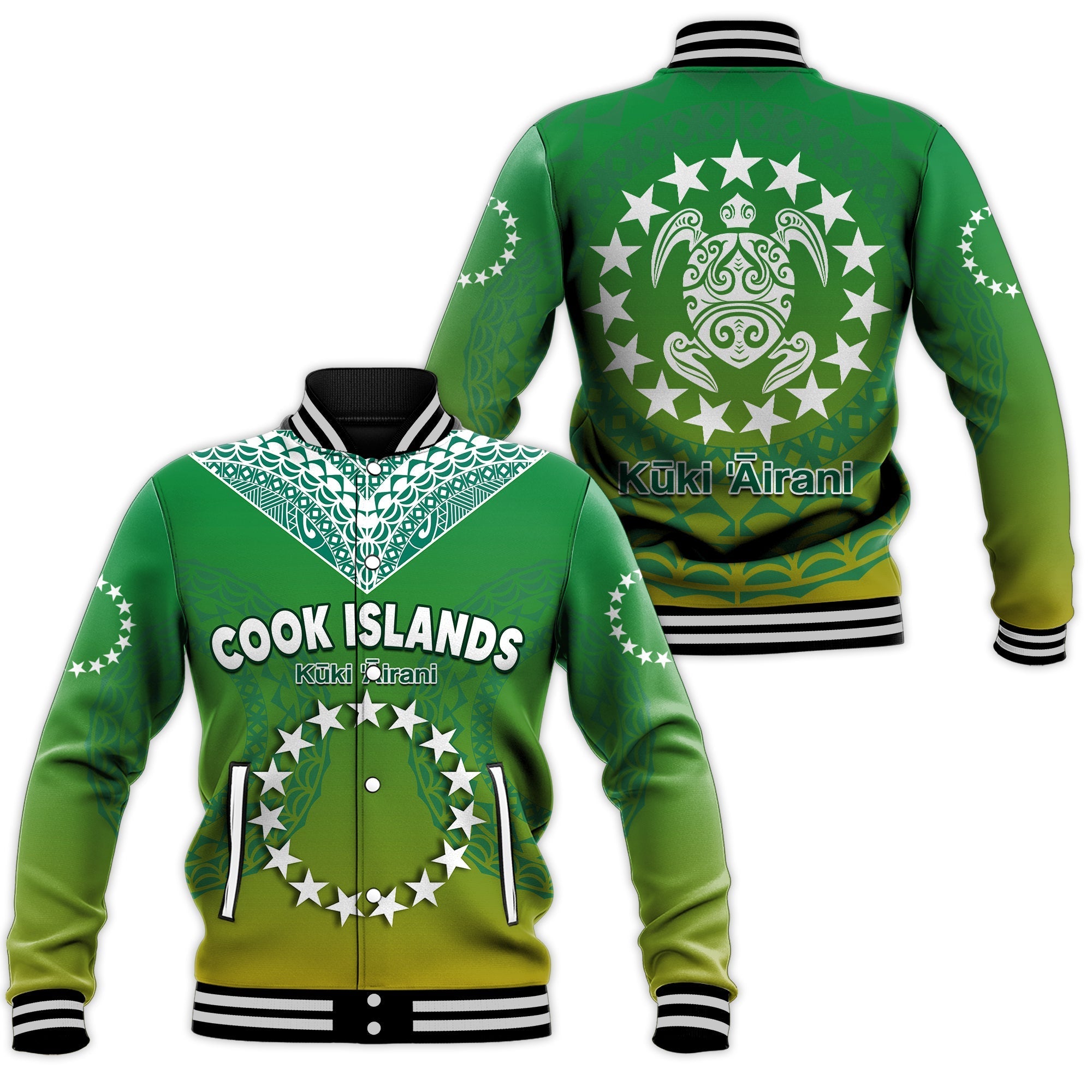 Cook Islands Baseball Jacket Circle Pattern Mix Sea Turtle Green Version - Wonder Print Shop