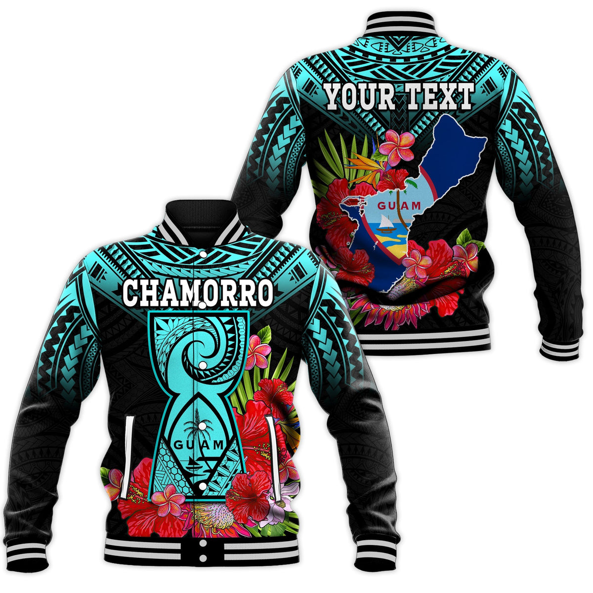Custom Personalised Guam Chamorro Baseball Jacket Guaman Latte Stone Tropical Flowers Turquoise Style - Wonder Print Shop
