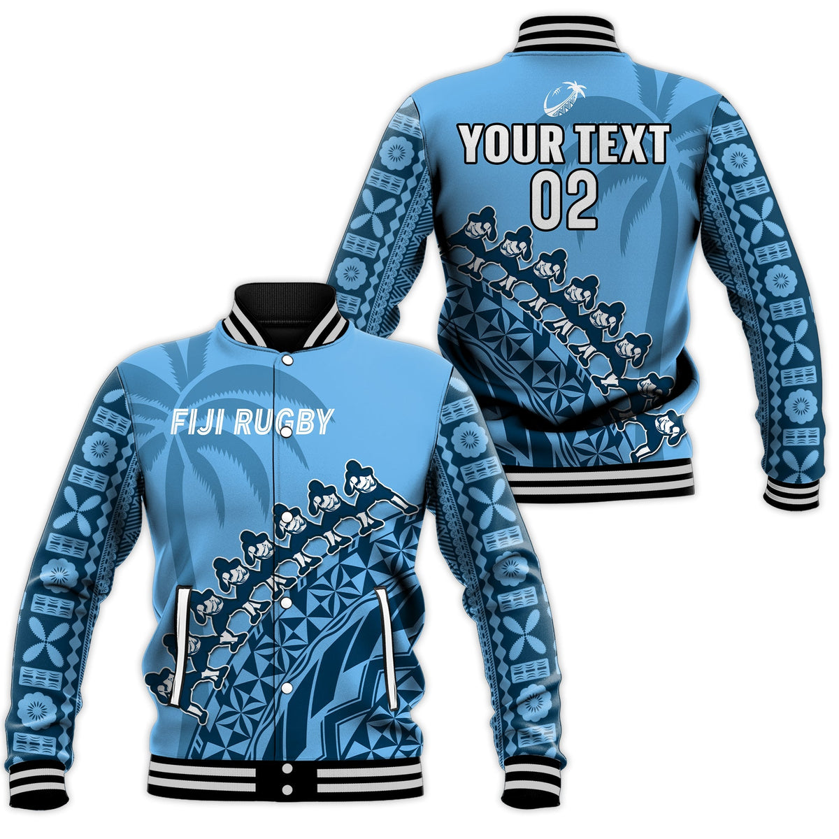 Custom Text And Number Fiji Tapa Rugby Baseball Jacket Fijian Cibi Dance Tapa Pattern Blue - Wonder Print Shop
