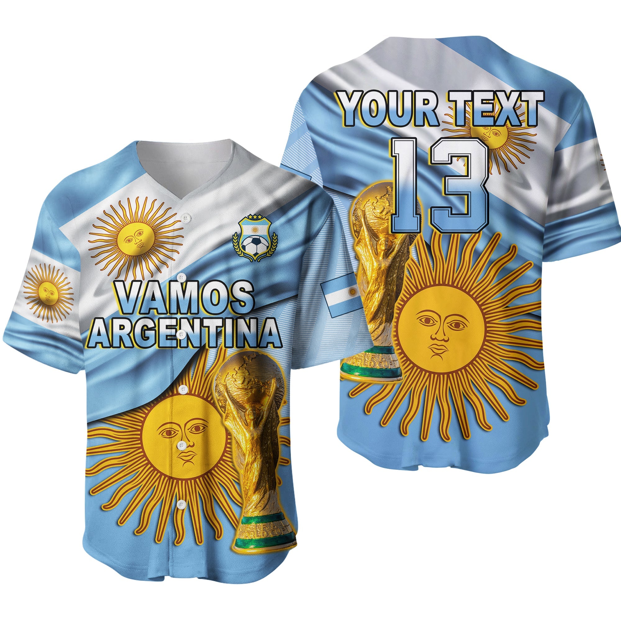 (Custom Text and Number) Argentina Football Baseball Jersey Vamos La Albiceleste Champions World Cup Vibe Flag Ver.01 LT13 - Wonder Print Shop
