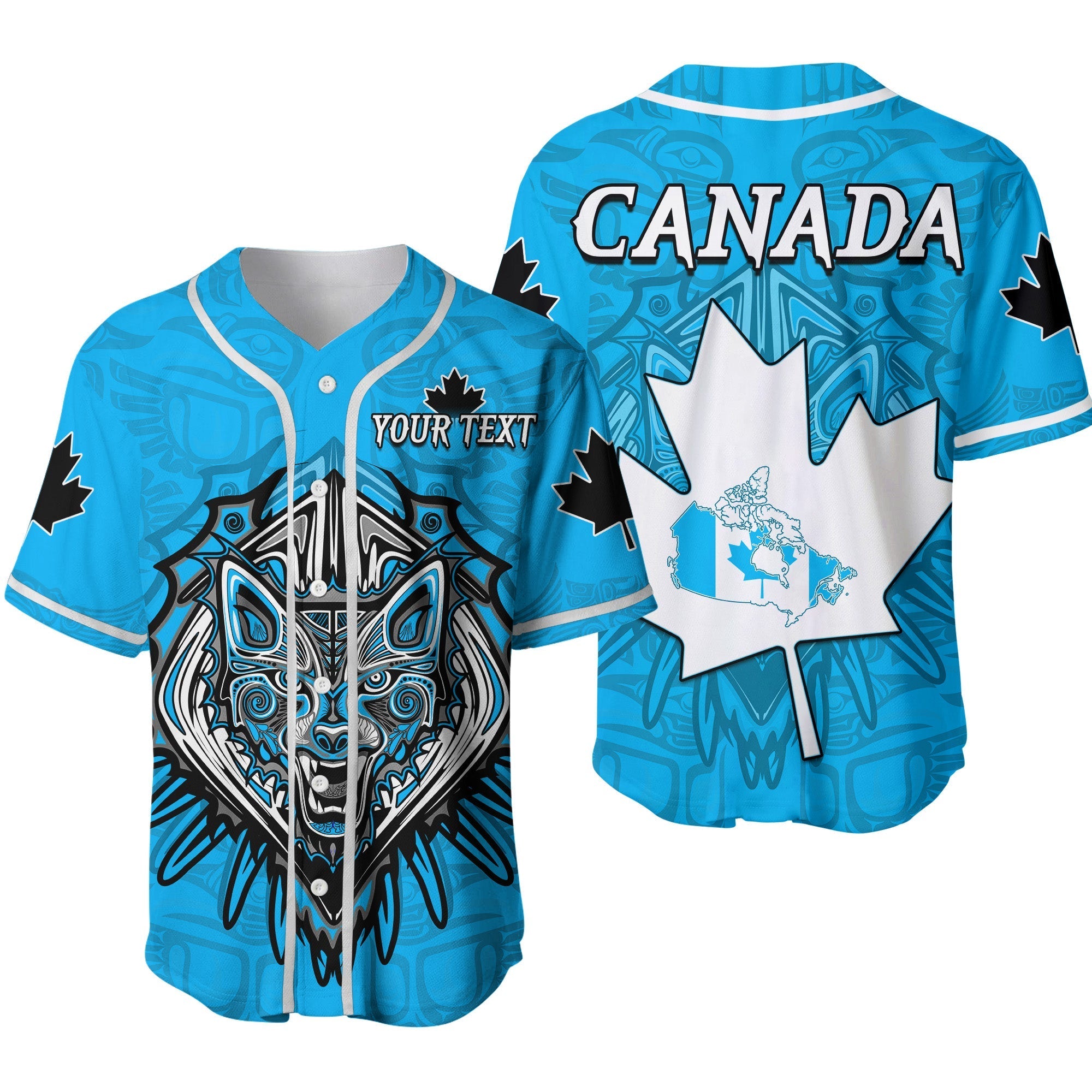 (Custom Personalised) Canada Maple Leaf Baseball Jersey Blue Haida Wolf LT13 - Wonder Print Shop