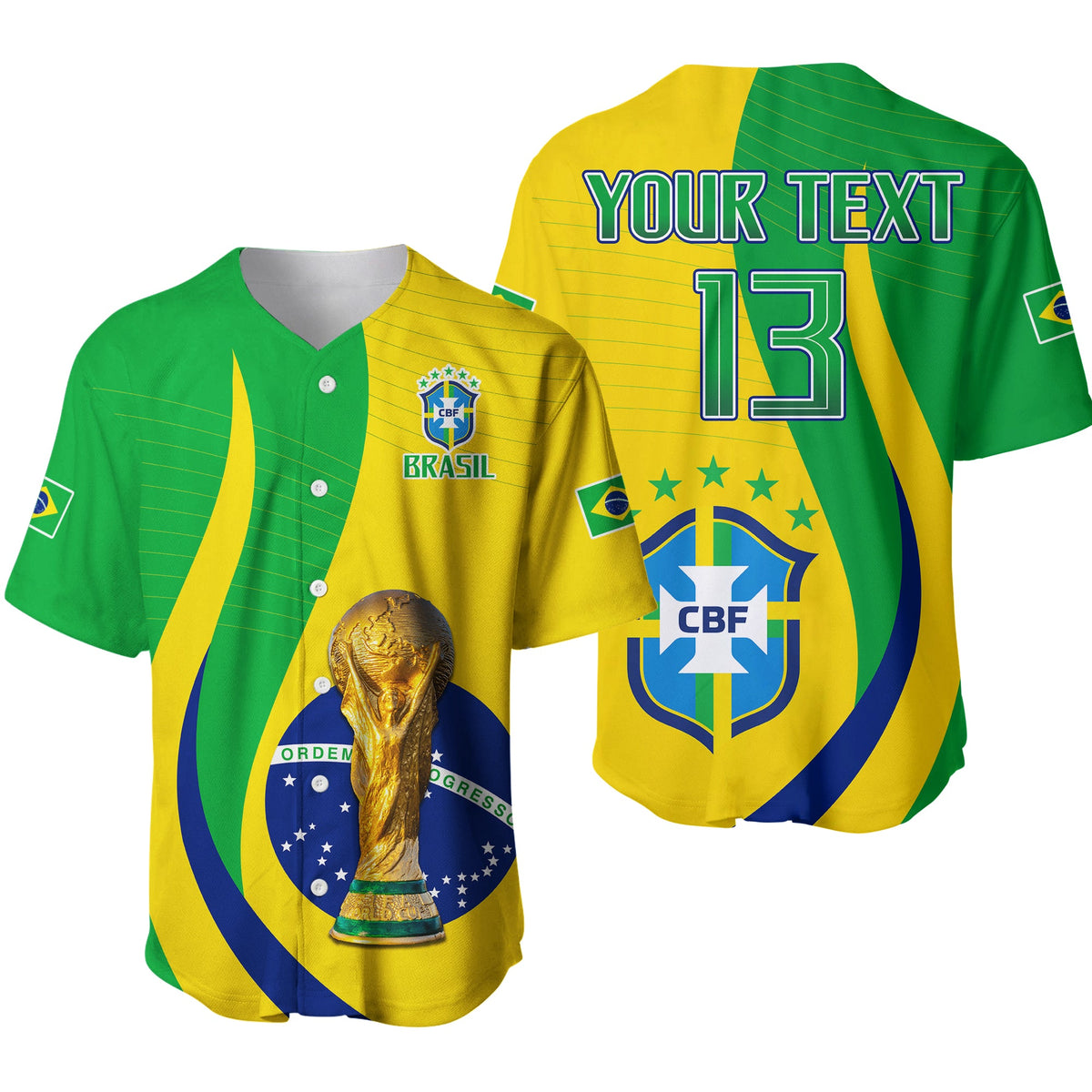 (Custom Text and Number) Brazil Football Champions Baseball Jersey Selecao Style Vibe LT13 - Wonder Print Shop