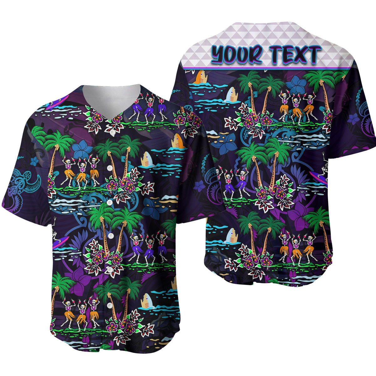 Custom Personalised Hawaii Skeleton Dancing Baseball Jersey Halloween Hawaiian Turtle LT13 - Wonder Print Shop