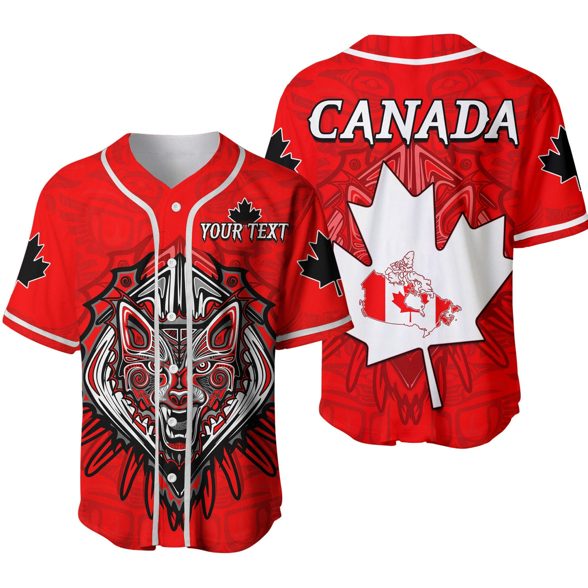 (Custom Personalised) Canada Maple Leaf Baseball Jersey Red Haida Wolf LT13 - Wonder Print Shop