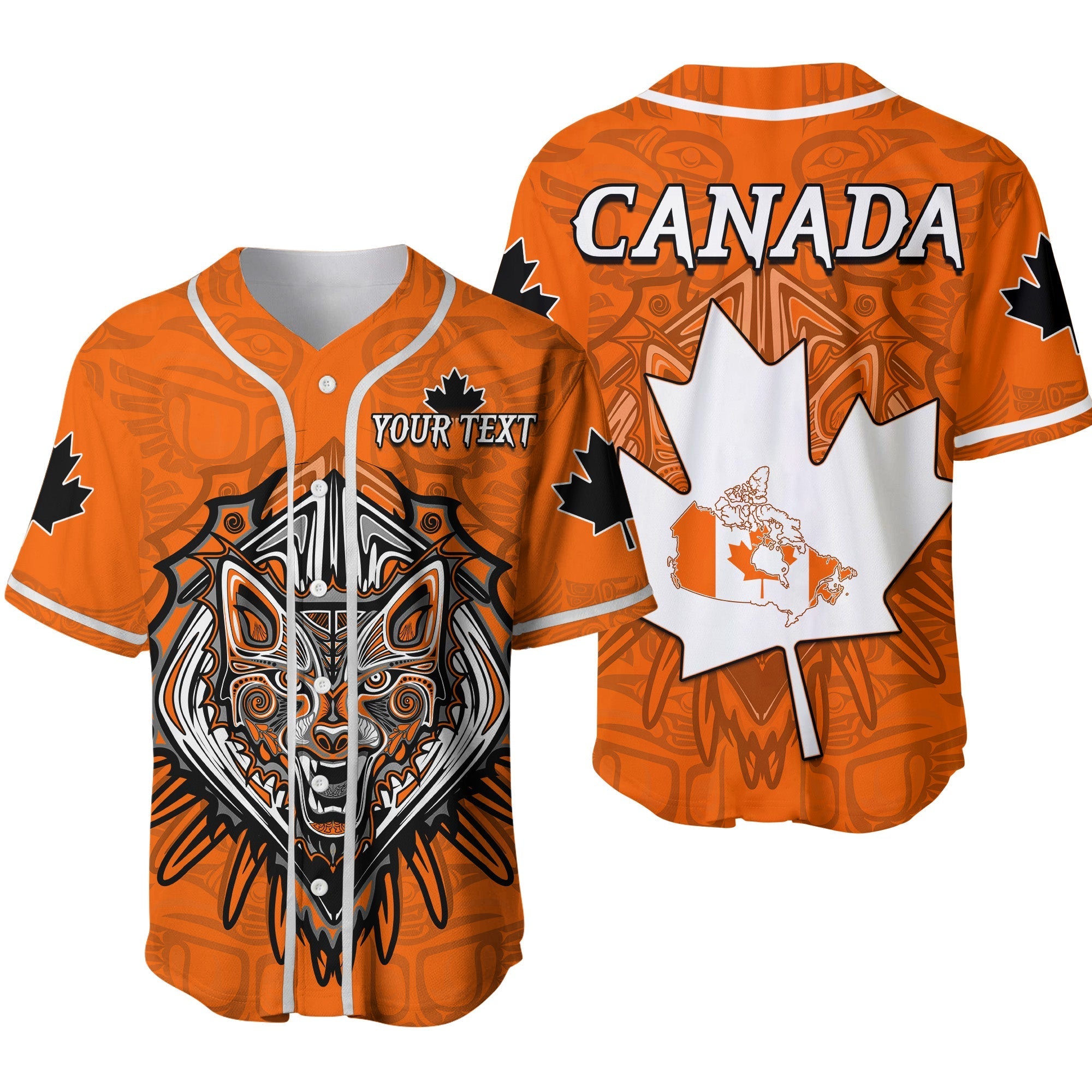 custom-personalised-canada-maple-leaf-baseball-jersey-orange-haida-wolf