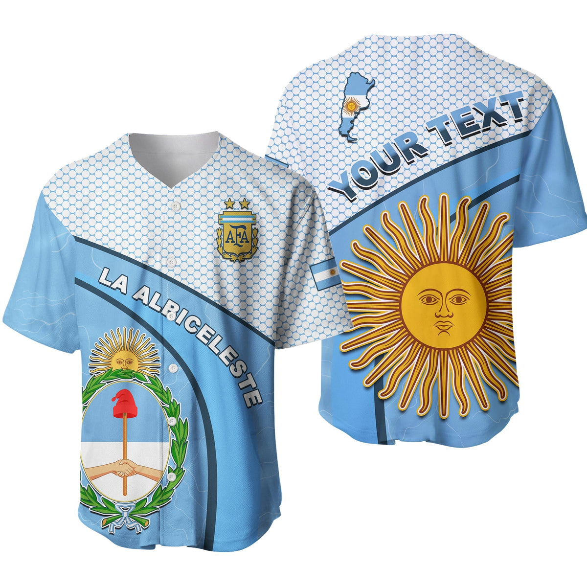(Custom Personalised) Argentina Football 2022 Baseball Jersey Champions Blue Sky May Sun LT13 - Wonder Print Shop
