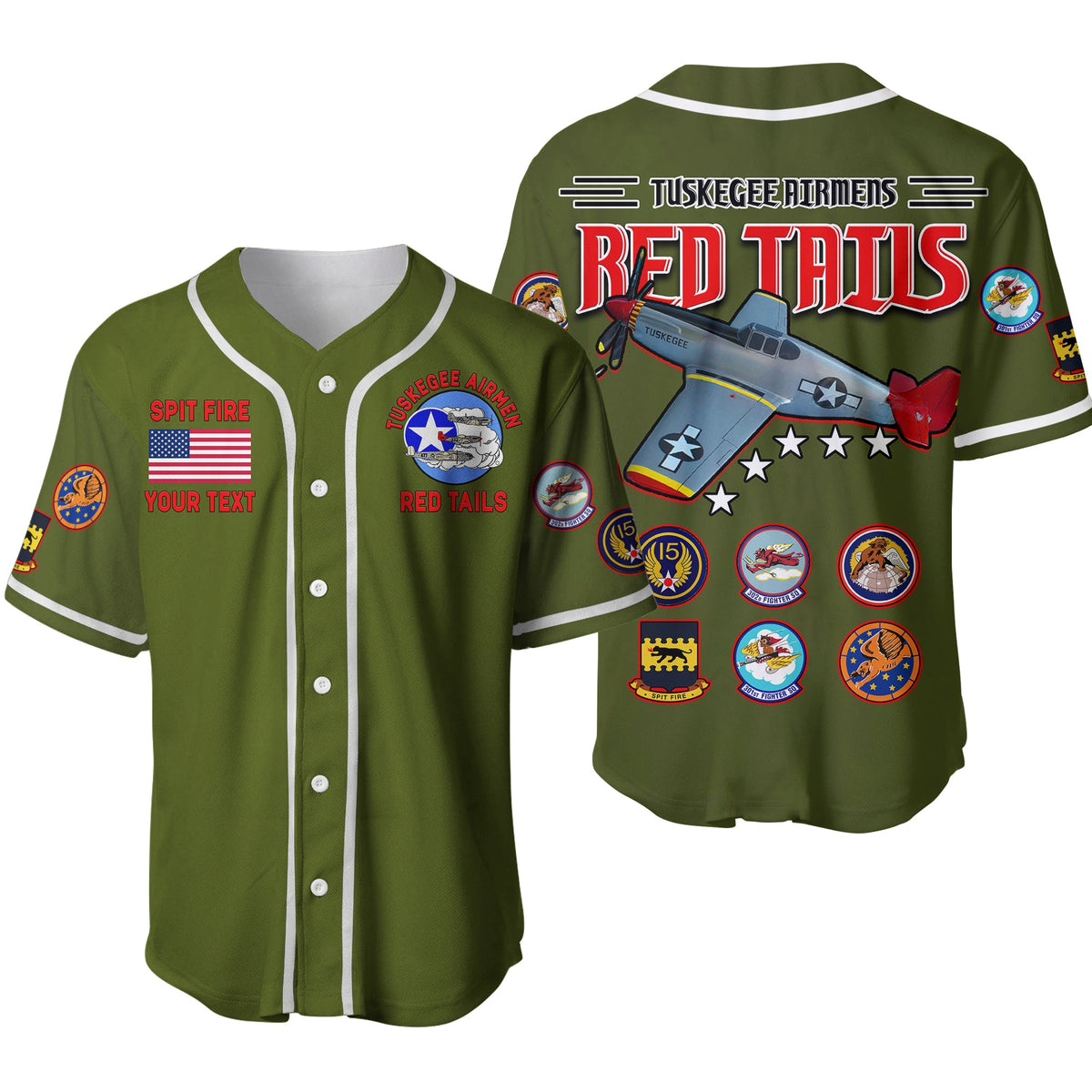 (Custom Personalised) Tuskegee Airmen Baseball Jersey US Military Army Green Red Tails Ver.02 LT13 - Wonder Print Shop