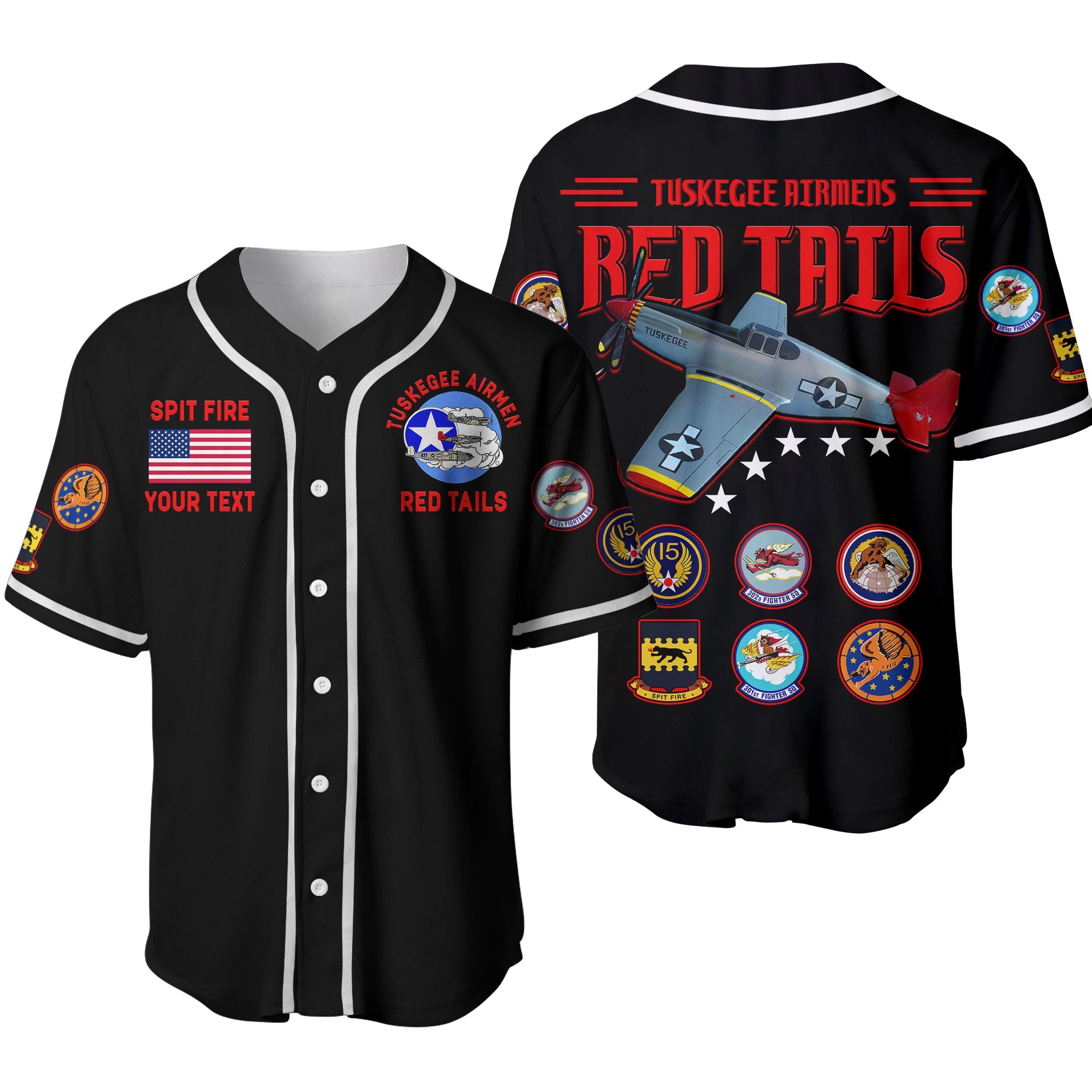 (Custom Personalised) Tuskegee Airmen Baseball Jersey US Military Black Red Tails Ver.02 LT13 - Wonder Print Shop
