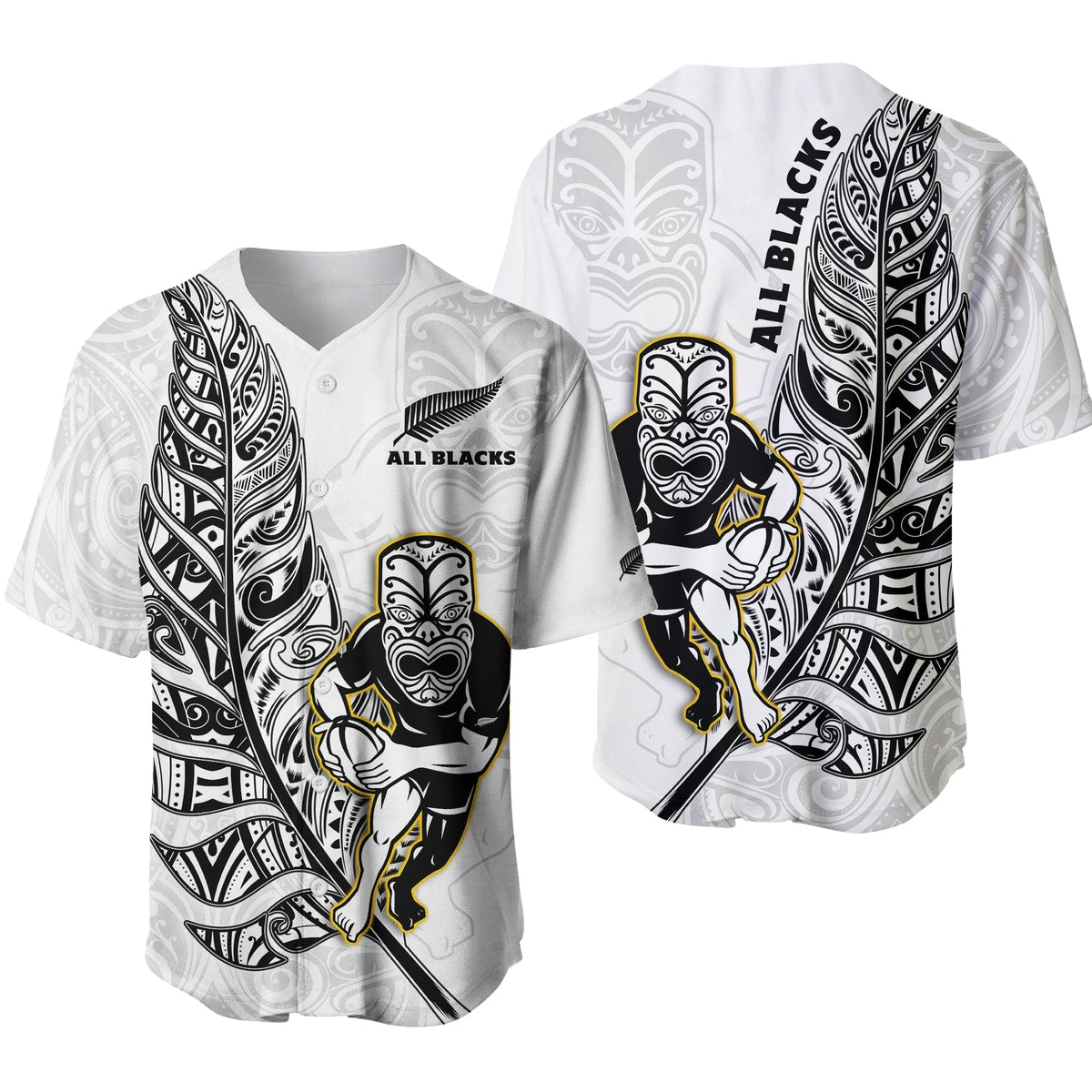 New Zealand 2022 Rugby Baseball Jersey All Black Silver Fern Maori Pattern Version White - Wonder Print Shop