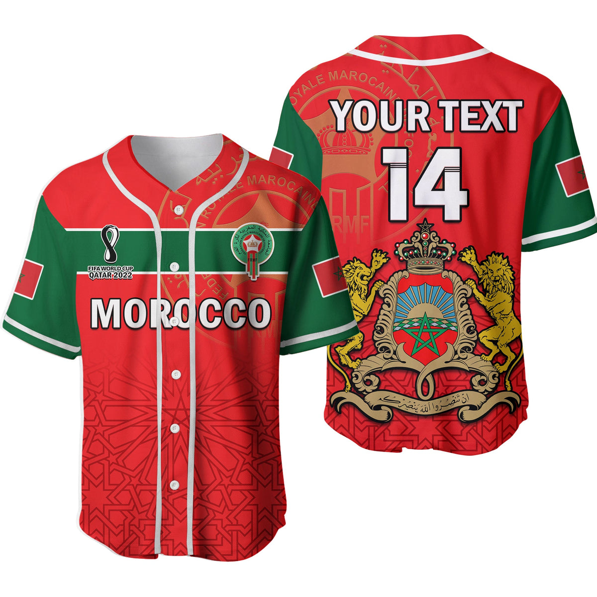(Custom Text and Number) Morocco Football Baseball Jersey Atlas Lions Red World Cup 2022 Ver.02 - Wonder Print Shop
