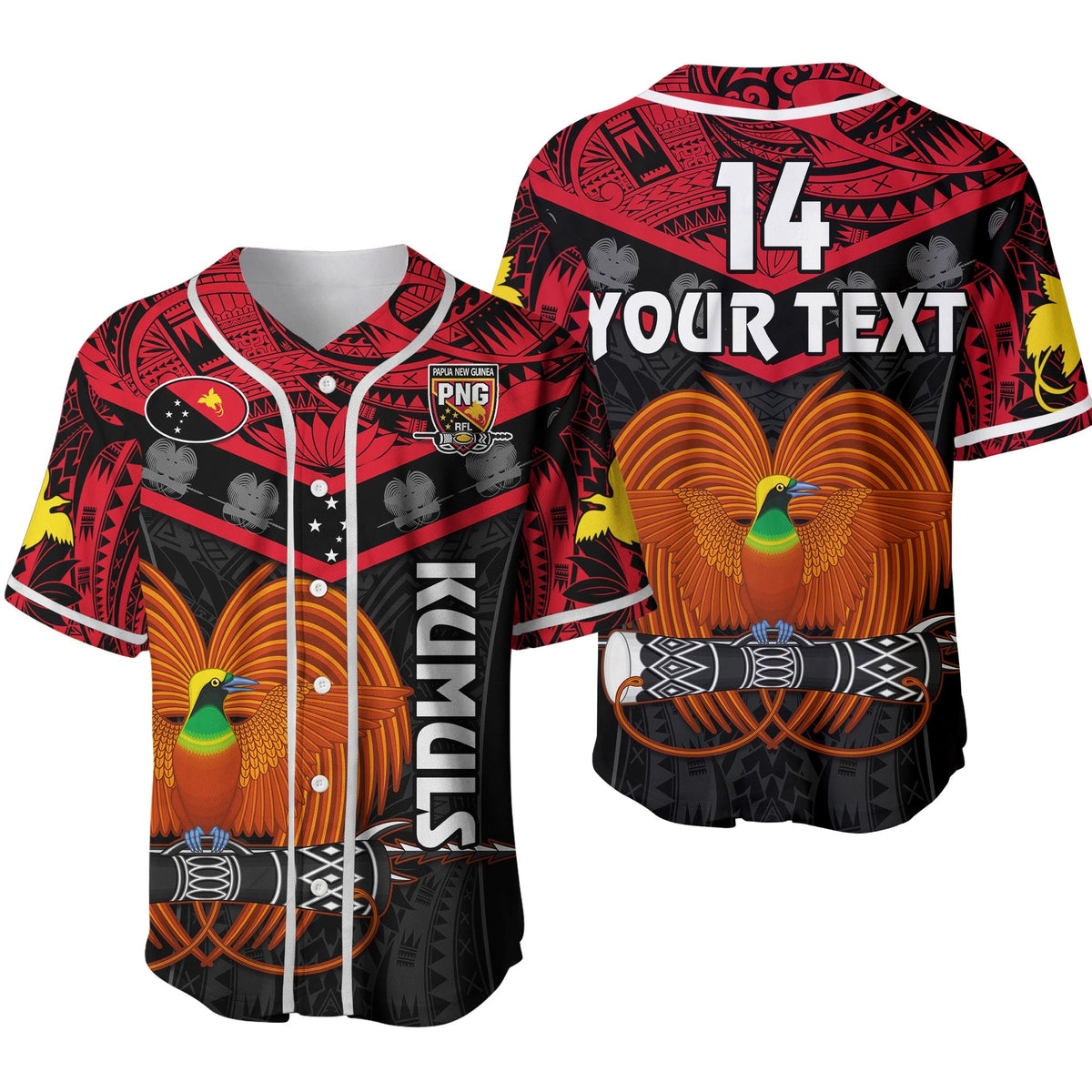 Custom Text And Number Papua New Guinea Rugby Baseball Jersey PNG Kumuls Bird Of Paradise Black 02 - Wonder Print Shop
