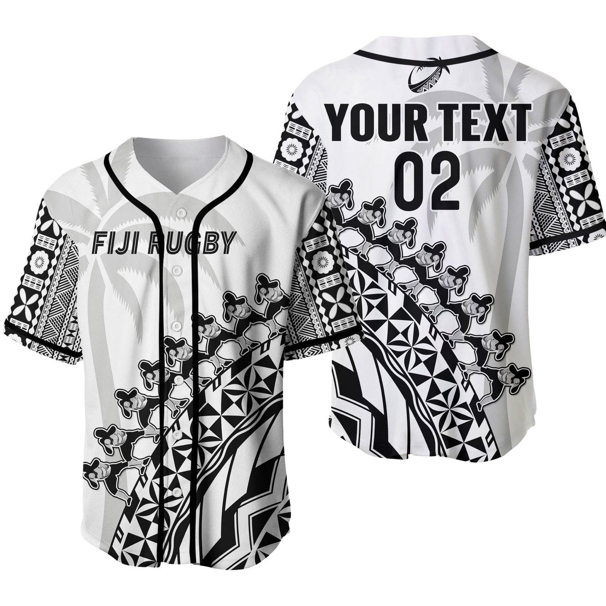 Custom Text And Number Fiji Rugby Baseball Jersey Fijian Cibi Dance Tapa Pattern White 02 - Wonder Print Shop