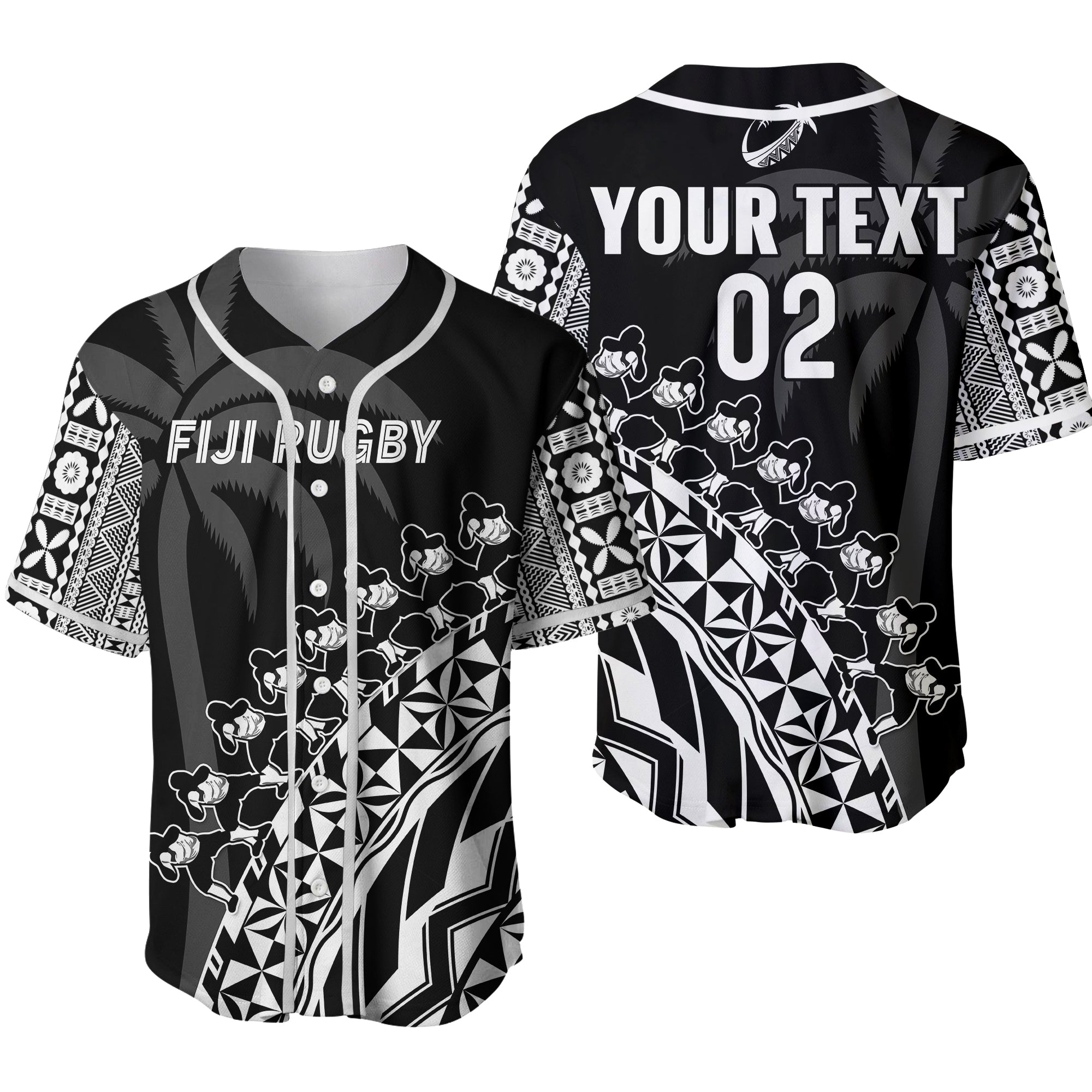 Custom Text And Number Fiji Rugby Baseball Jersey Fijian Cibi Dance Tapa Pattern Black 02 - Wonder Print Shop