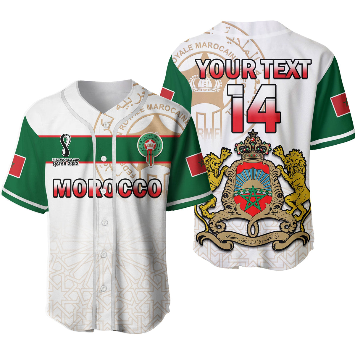 (Custom Text and Number) Morocco Football Baseball Jersey Atlas Lions White World Cup 2022 Ver.02 - Wonder Print Shop