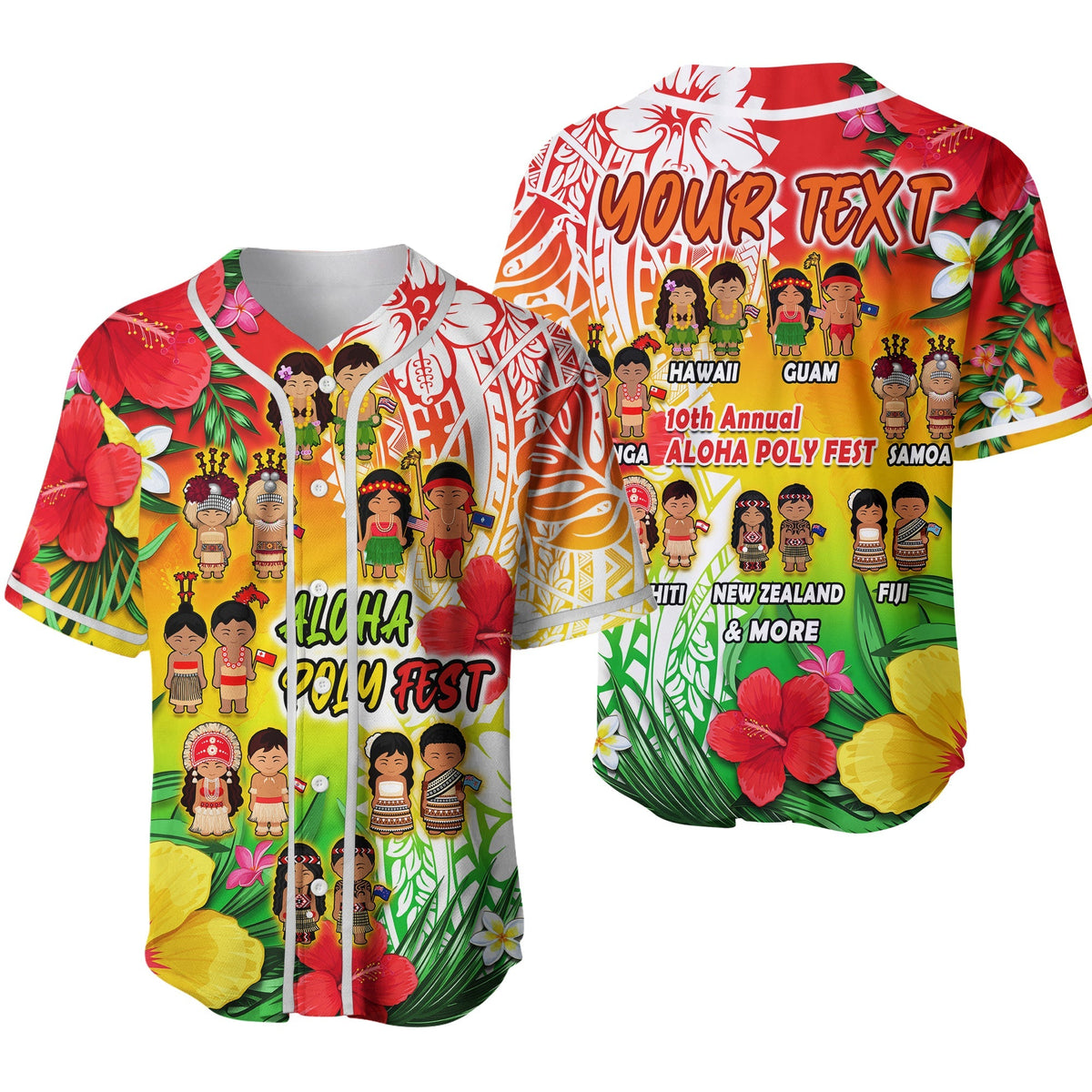 Custom Personalised Aloha Poly Fest Baseball Jersey Polynesian Pattern With Tropical Flowers White Strip - Wonder Print Shop