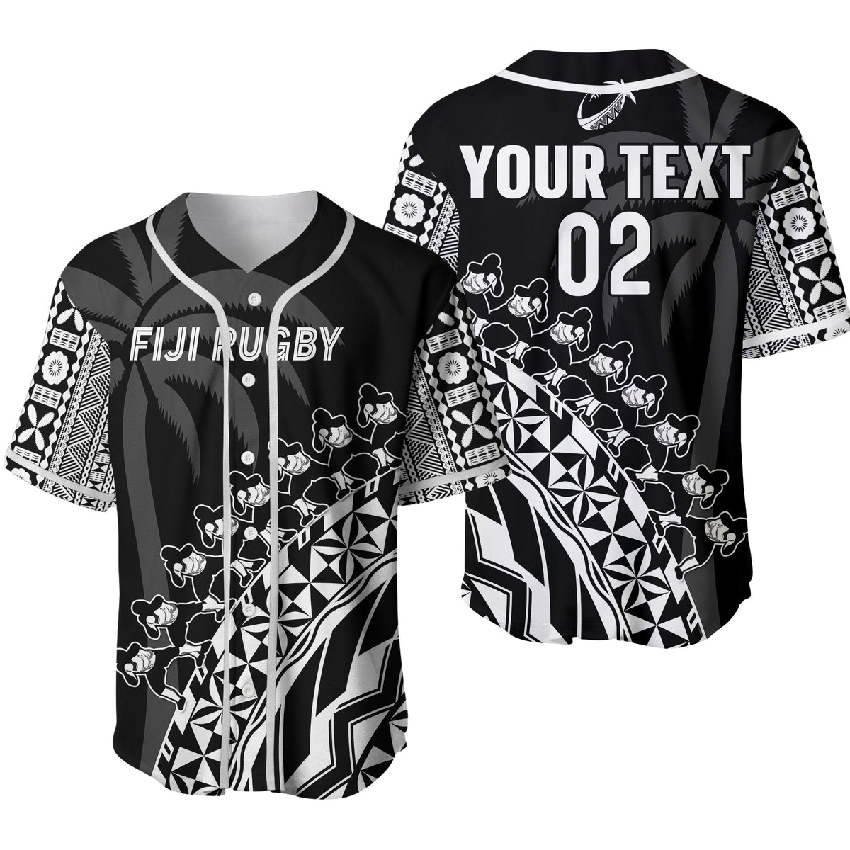 Custom Text And Number Fiji Rugby Baseball Jersey Fijian Cibi Dance Tapa Pattern Black 02 - Wonder Print Shop