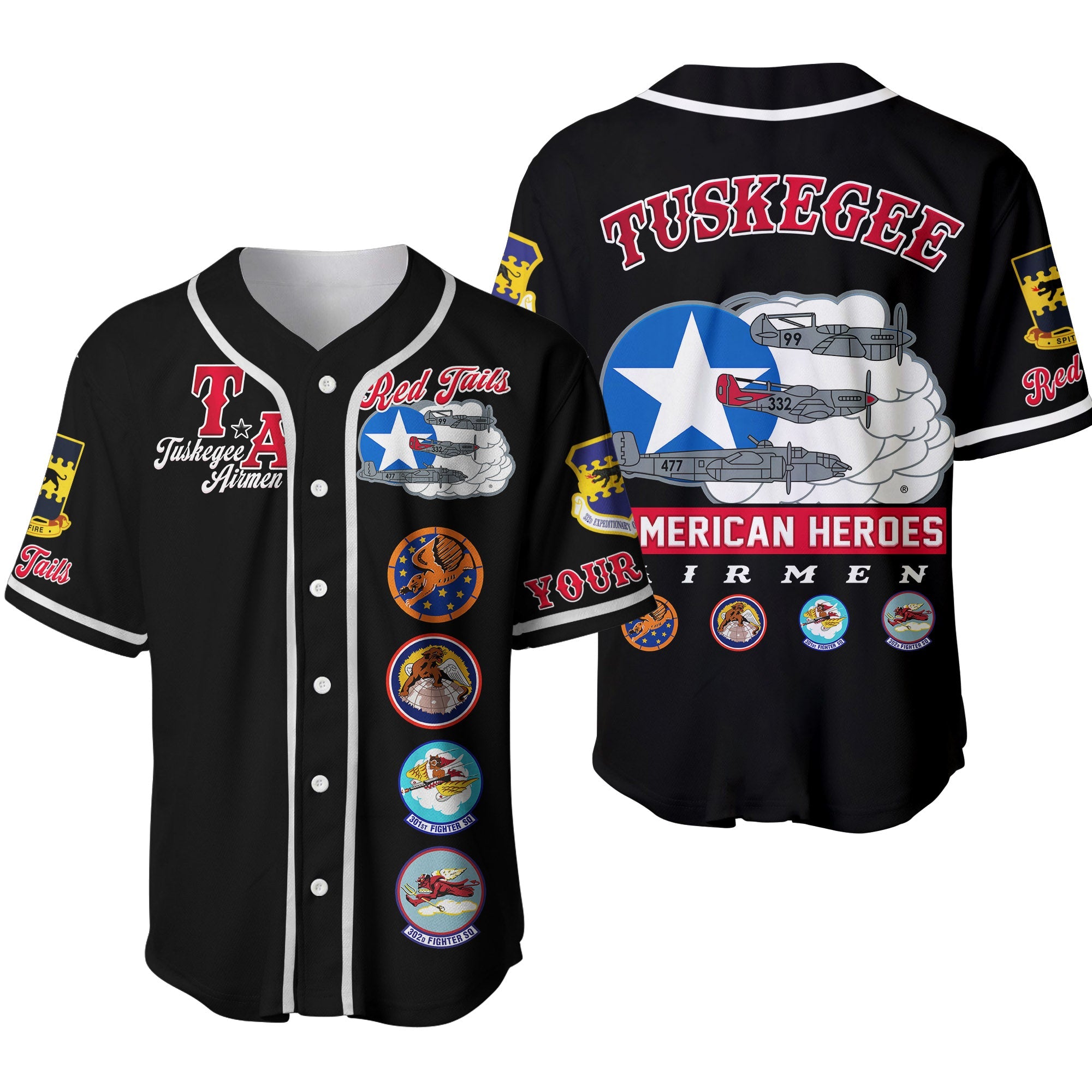 (Custom Personalised) Tuskegee Airmen Baseball Jersey Red Tail Angels American Heros Ver.02 - Wonder Print Shop