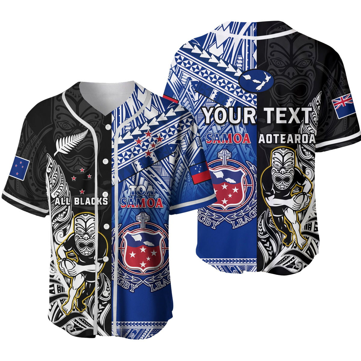 (Custom Personalised) All Black And Toa Samoa Rugby Baseball Jersey NZ Maori Fern Mix Polynesian Ver.02 - Wonder Print Shop