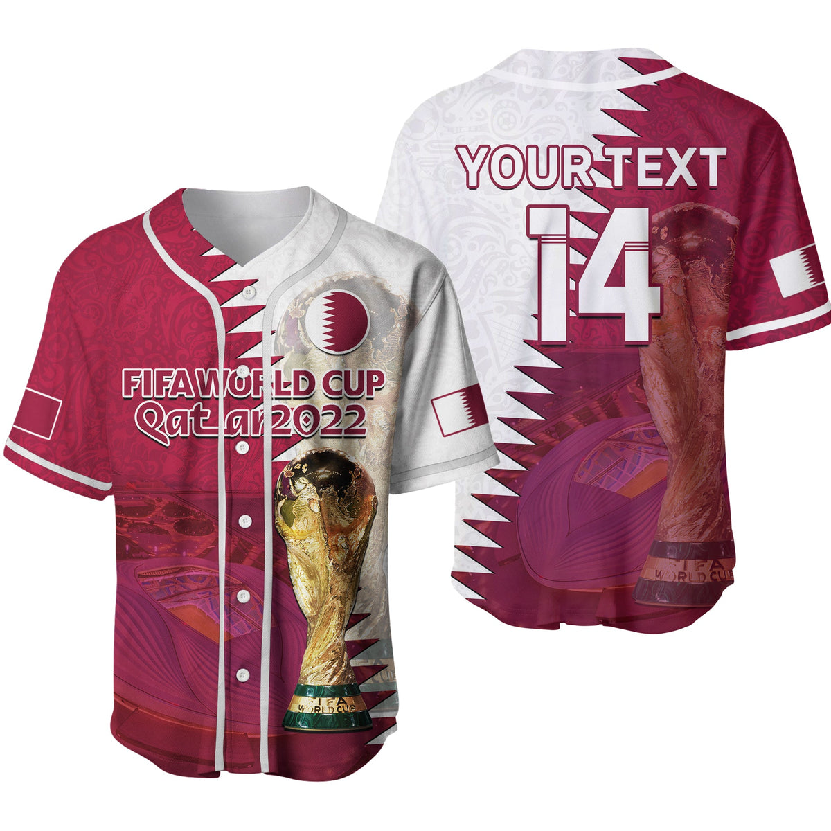 (Custom Text And Number) Qatar Football Baseball Jersey Champions Qatari Al Janoub Stadium WC 2022 Ver.02 - Wonder Print Shop