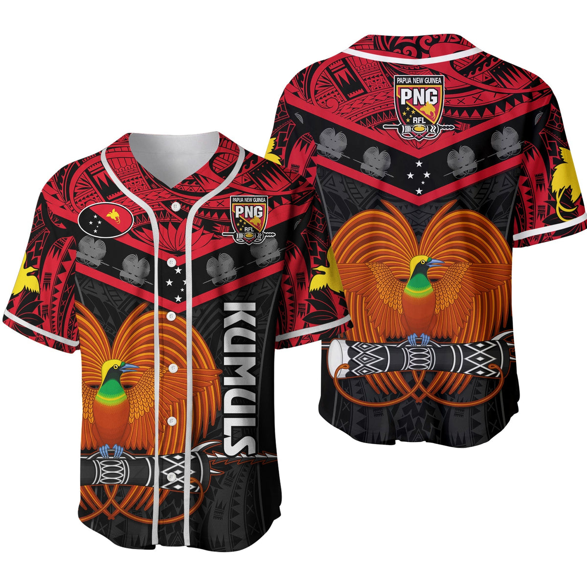 Papua New Guinea Rugby Baseball Jersey PNG Kumuls Bird Of Paradise Black 02 - Wonder Print Shop