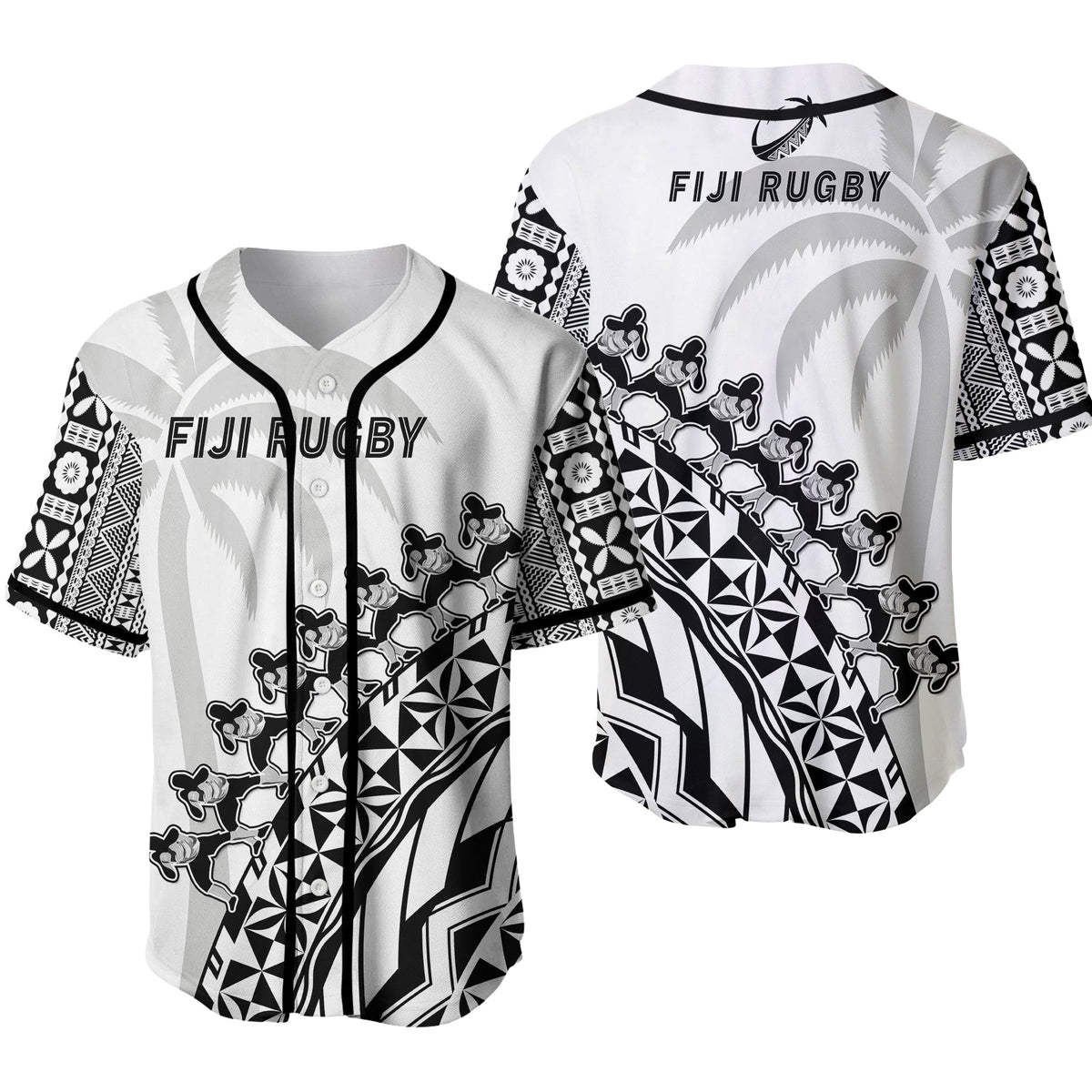 Fiji Rugby Baseball Jersey Fijian Cibi Dance Tapa Pattern White 02 - Wonder Print Shop