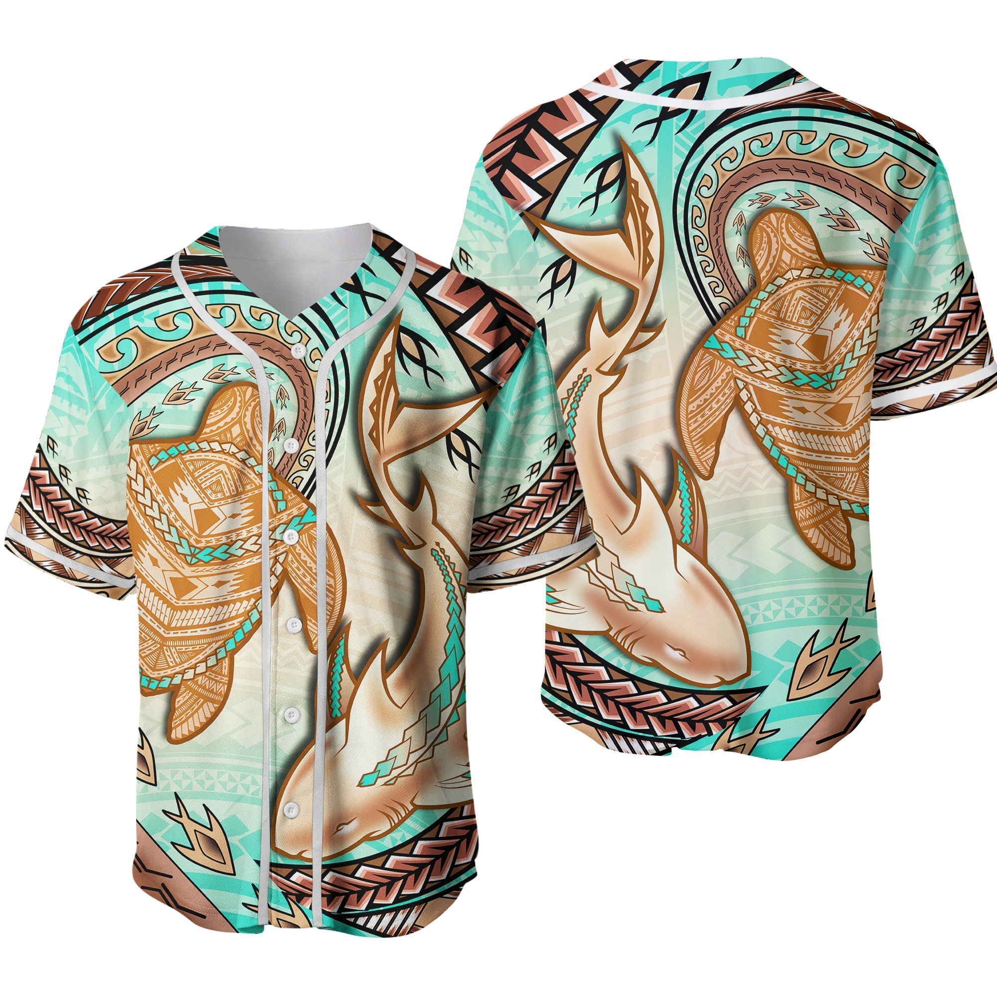 Hawaii Baseball Jersey Polynesian Shark And Sea Turtle Dreamy Turquoise Artsy Ver.02 - Wonder Print Shop