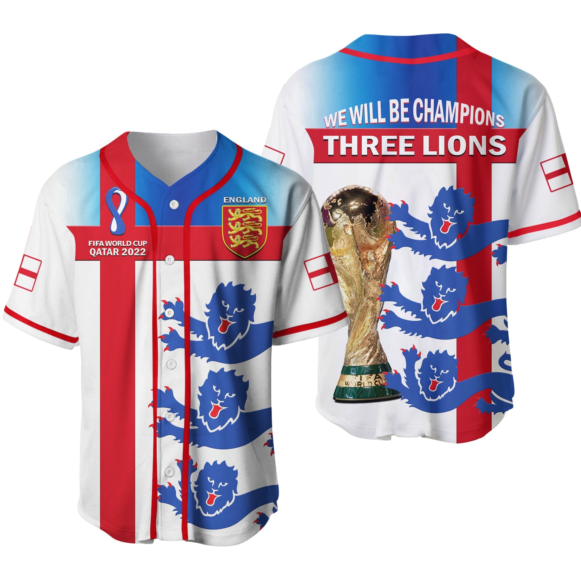 England Football Baseball Jersey Three Lions Champions World Cup 2022 Ver.02 - Wonder Print Shop