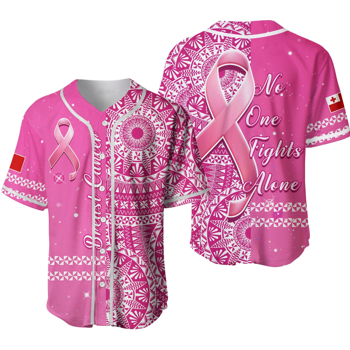 Tonga Breast Cancer Baseball Jersey Tongan Ngatu Pattern No One Fights Alone Ver.02 - Wonder Print Shop