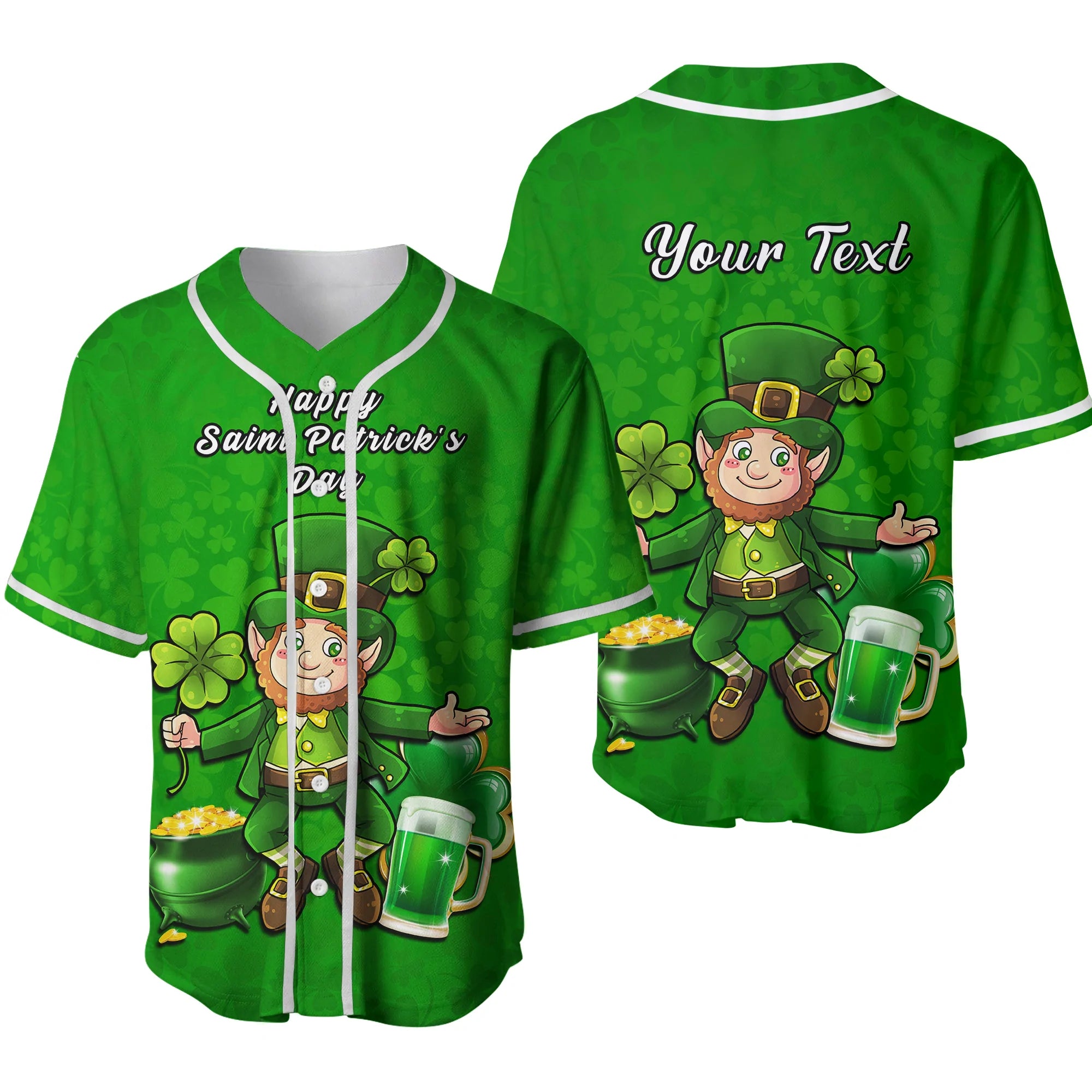 (Custom Personalised) Ireland Baseball Jersey Saint Patricks Day Happy Leprechaun And Shamrock Ver.02 - Wonder Print Shop