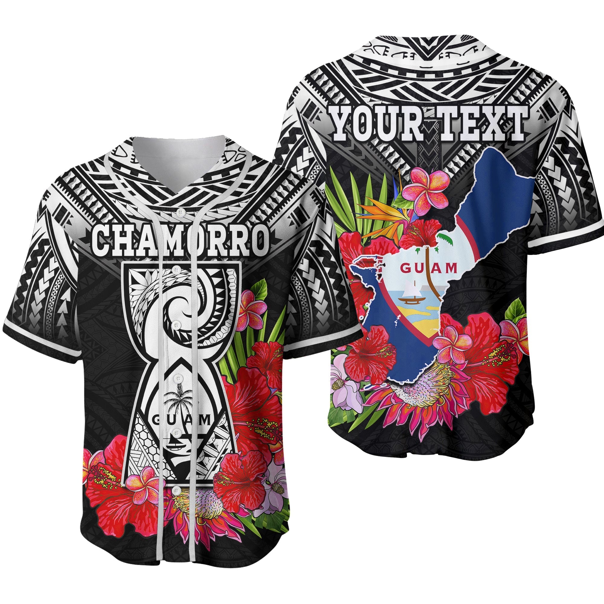 Custom Personalised Guam Chamorro Baseball Jersey Guaman Latte Stone Tropical Flowers Black Style 02 - Wonder Print Shop