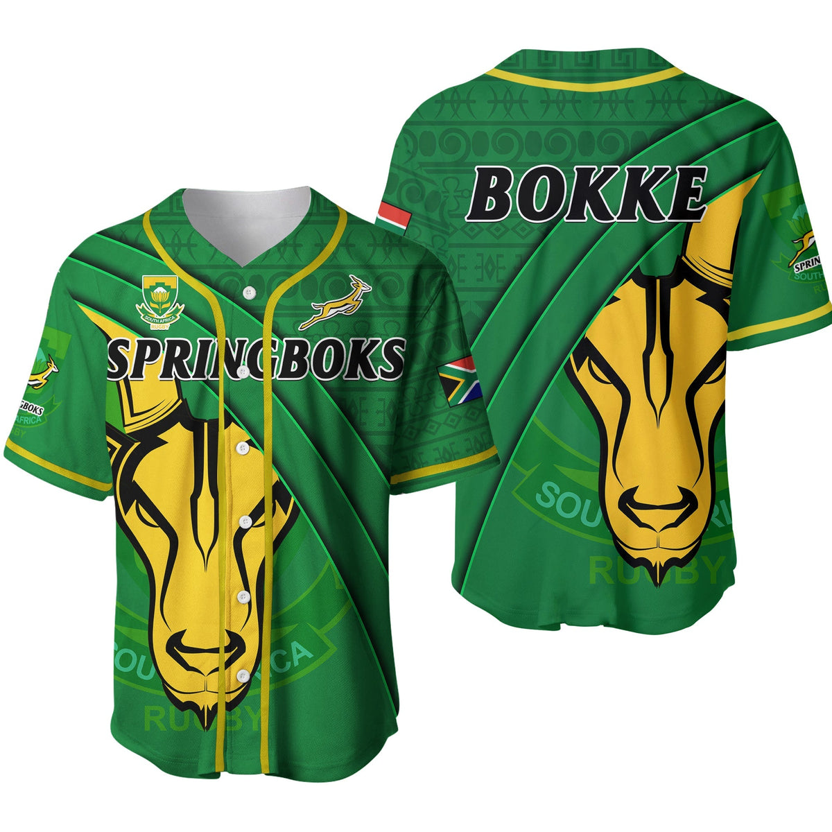 South Africa Rugby Baseball Jersey Bokke Springbok With African Pattern Stronger Together Ver.02 - Wonder Print Shop