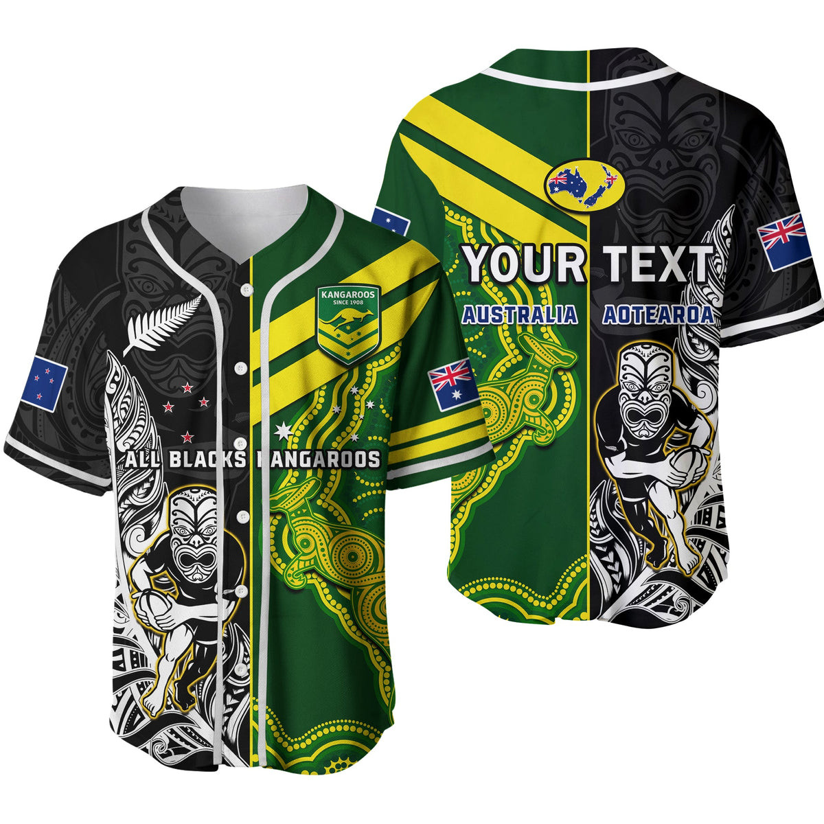 (Custom Personalised) Australia Kangaroos And All Black Rugby Baseball Jersey Aboriginal Mix NZ Maori Fern Ver.02 - Wonder Print Shop