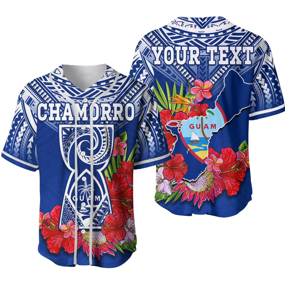 Custom Personalised Guam Chamorro Baseball Jersey Guaman Latte Stone Tropical Flowers Blue Version 02 - Wonder Print Shop