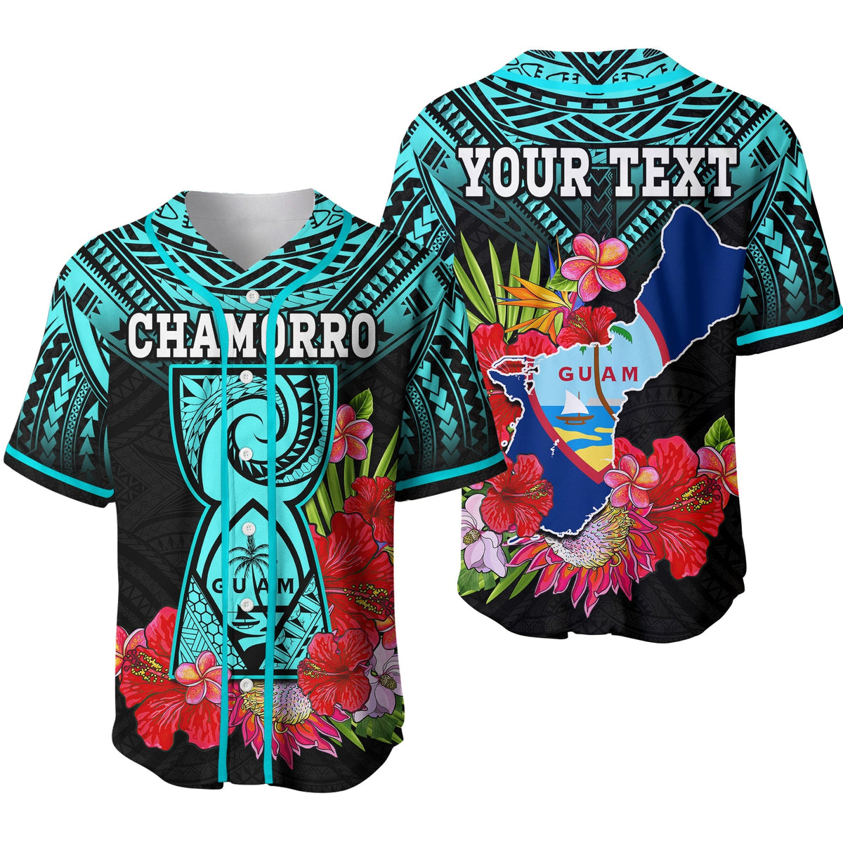 Custom Personalised Guam Chamorro Baseball Jersey Guaman Latte Stone Tropical Flowers Turquoise Style 02 - Wonder Print Shop