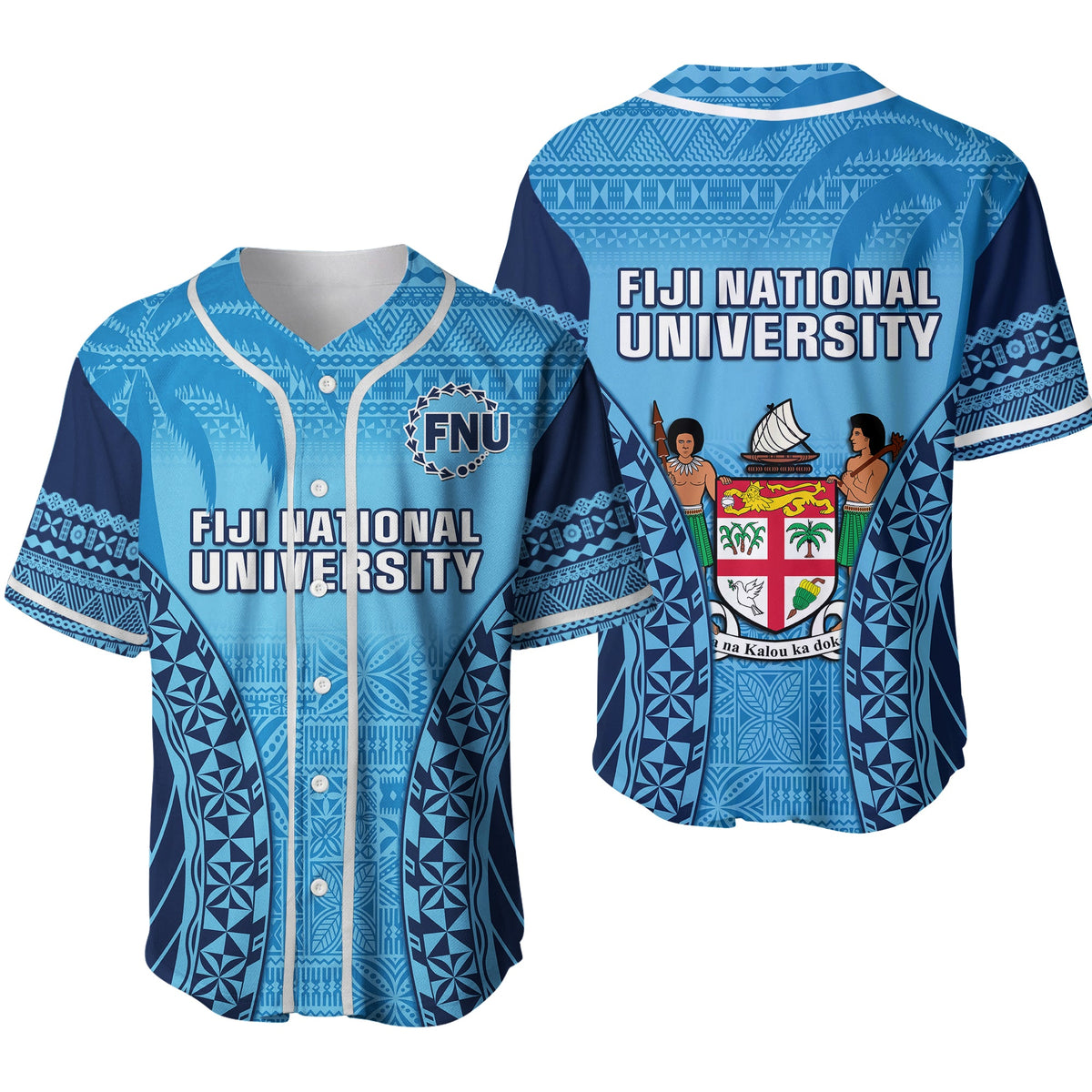 Fiji University Baseball Jersey National Fijian Tapa Pattern Blue Ver.02 - Wonder Print Shop