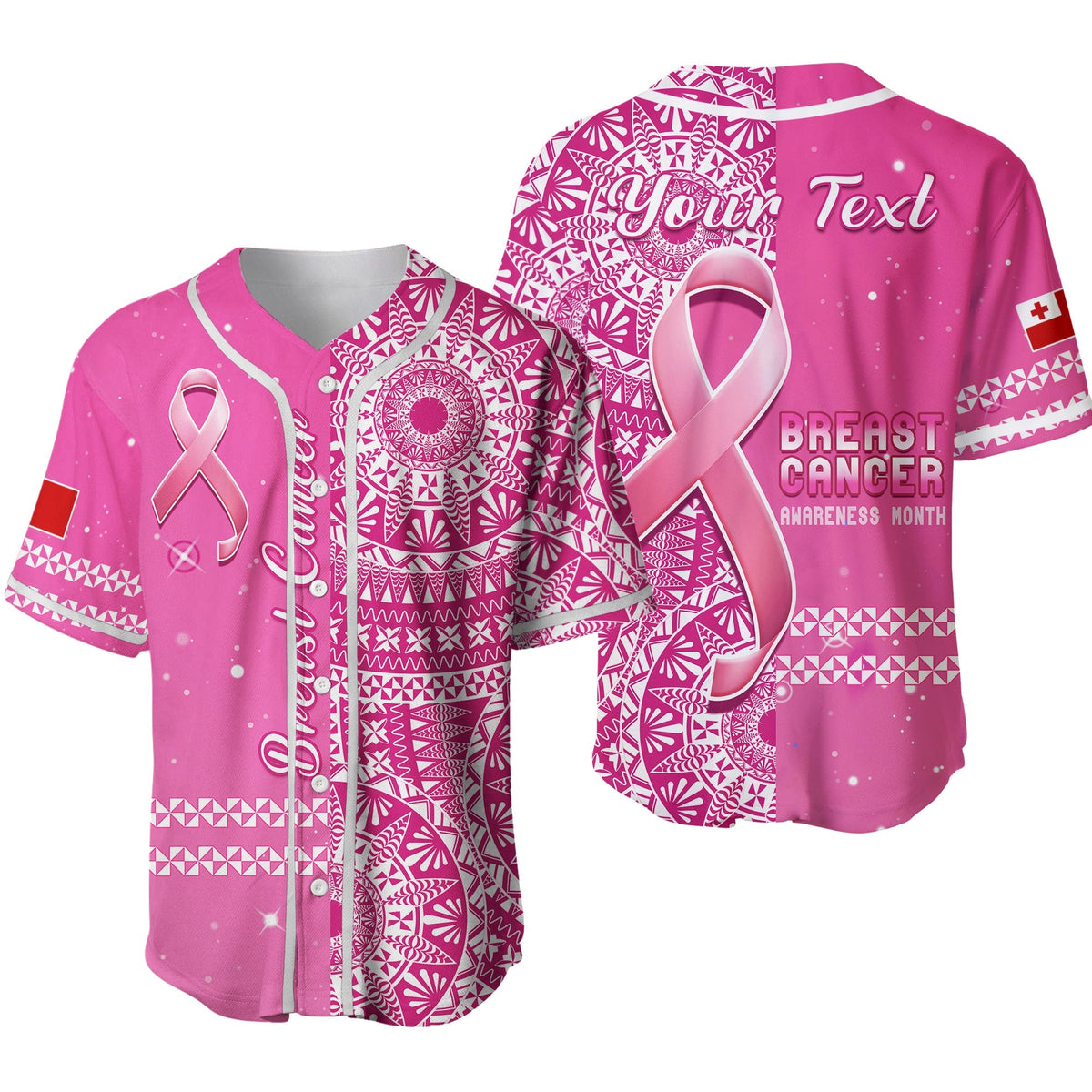 Custom Personalised Tonga Breast Cancer Baseball Jersey Tongan Ngatu Pattern No One Fights Alone Ver.02 - Wonder Print Shop