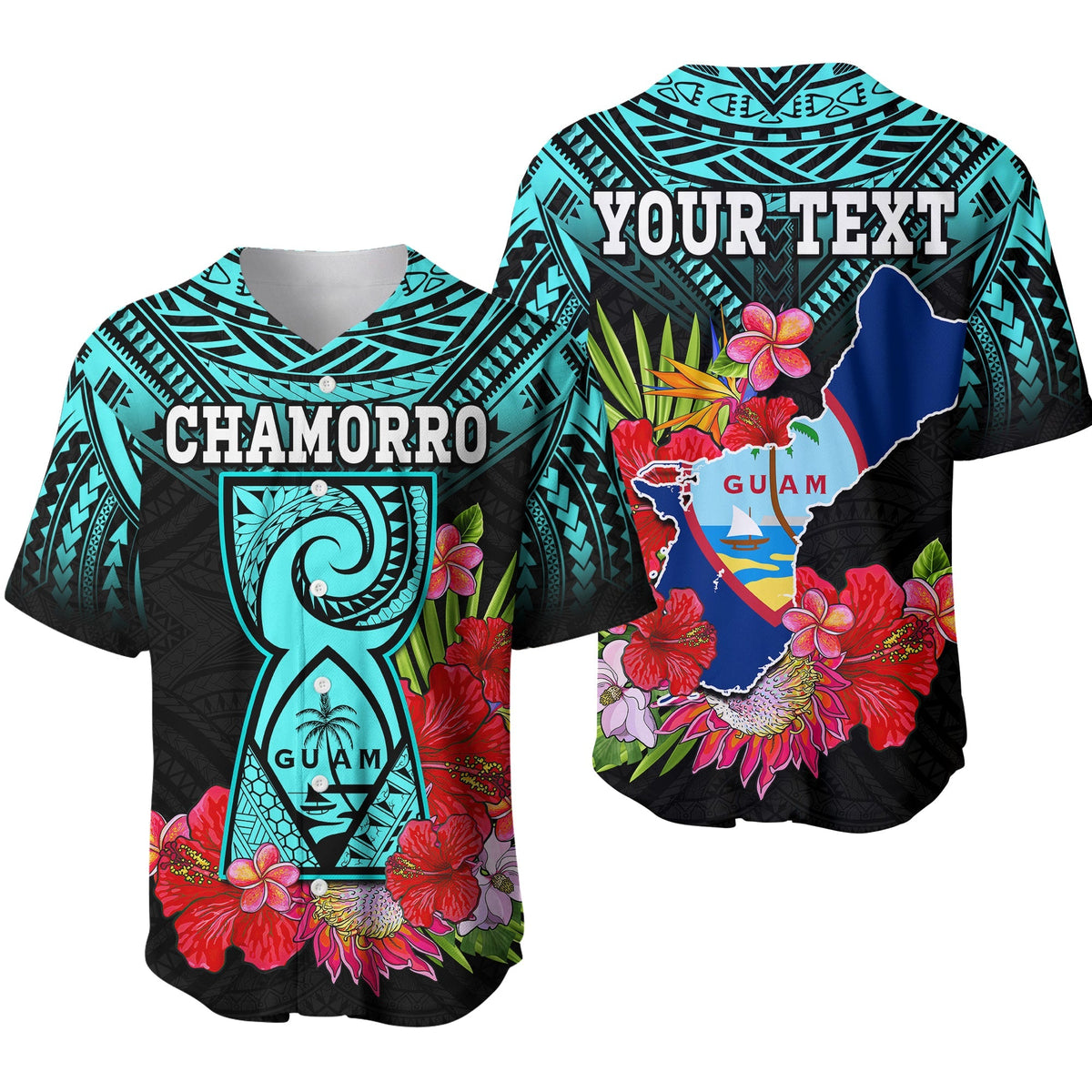 Custom Personalised Guam Chamorro Baseball Jersey Guaman Latte Stone Tropical Flowers Turquoise Style - Wonder Print Shop