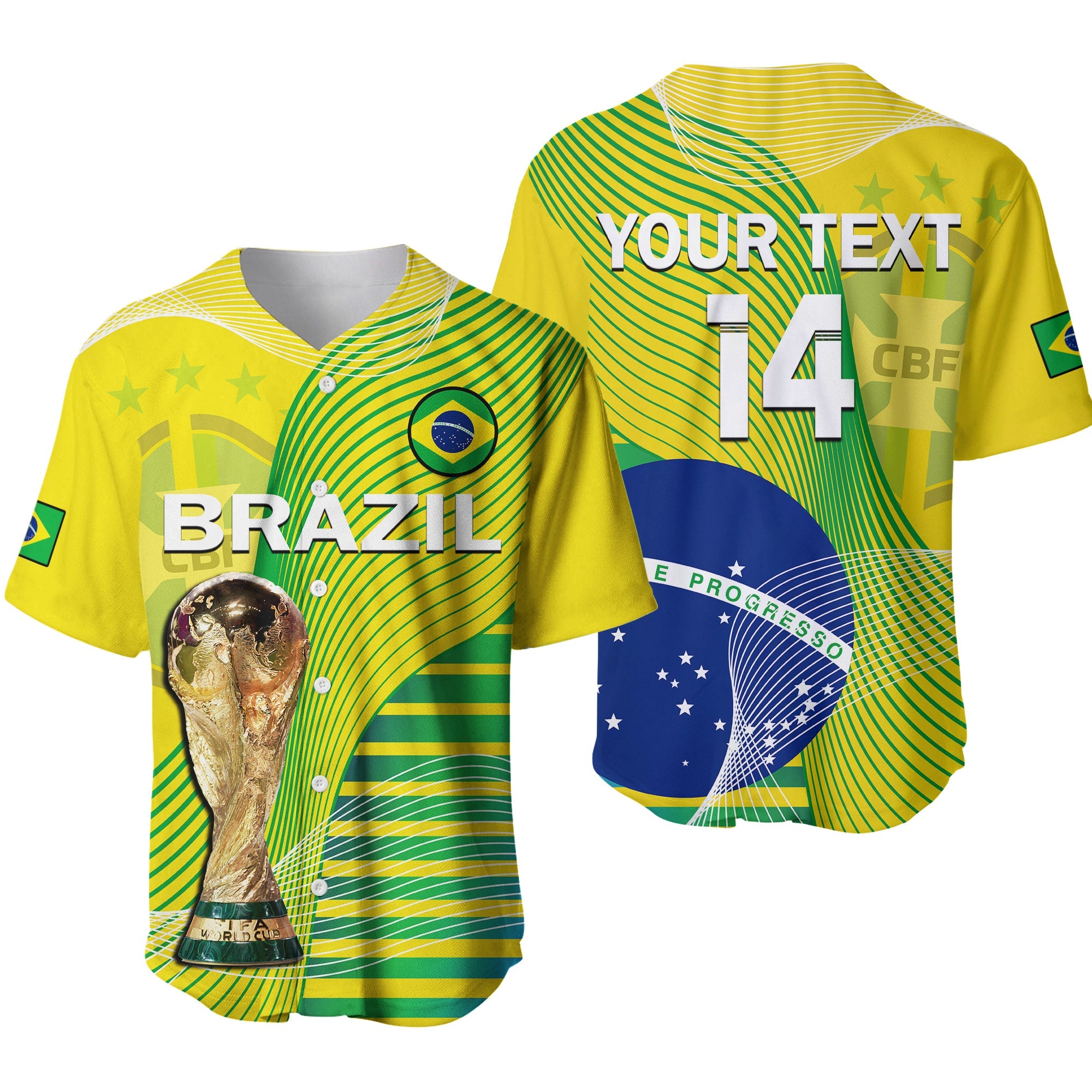 (Custom Text And Number) Brazil Football Baseball Jersey Canarinha Champions WC 2022 - Wonder Print Shop