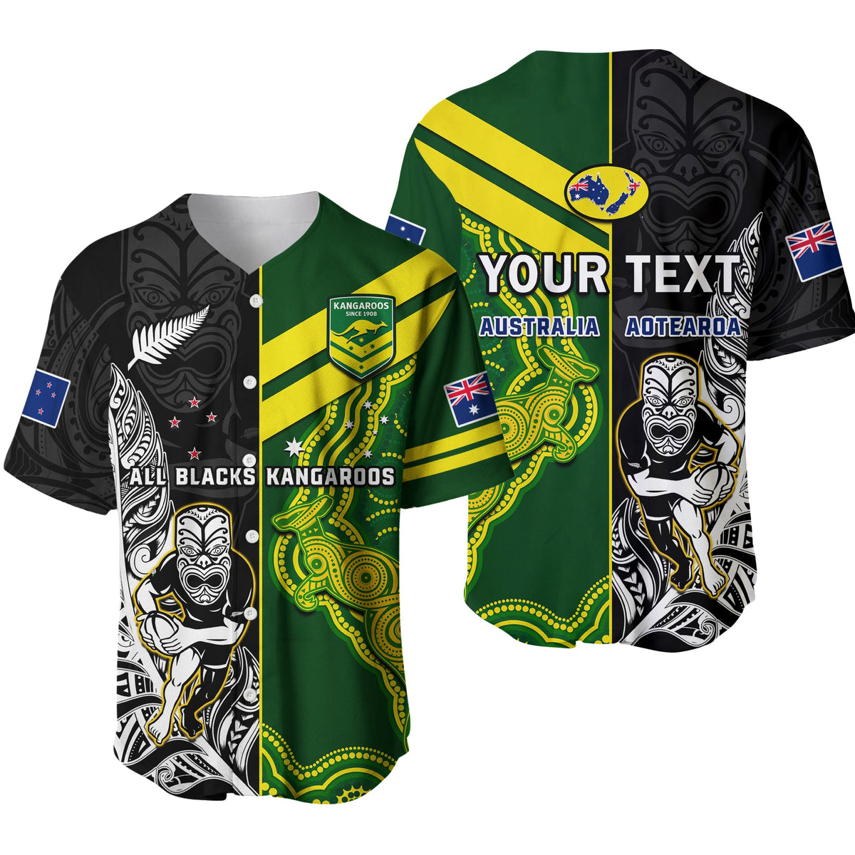 (Custom Personalised) Australia Kangaroos And All Black Rugby Baseball Jersey Aboriginal Mix NZ Maori Fern Ver.01 - Wonder Print Shop