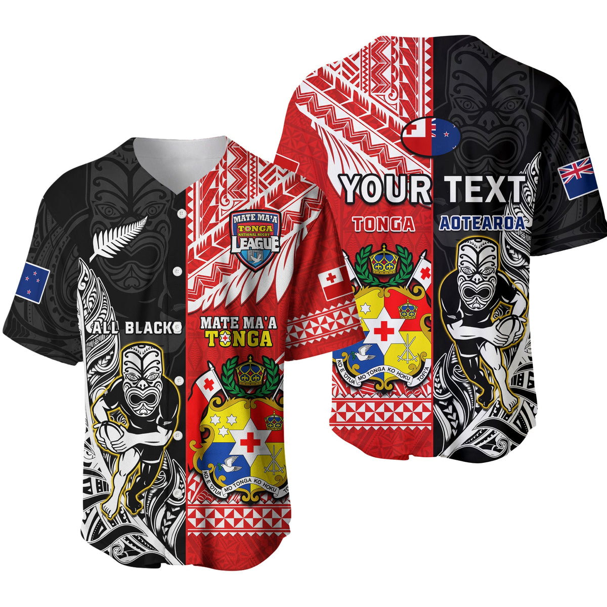 (Custom Personalised) Mate Maa Tonga And All Black Rugby Baseball Jersey Polynesian Mix NZ Maori Fern Ver.01 - Wonder Print Shop