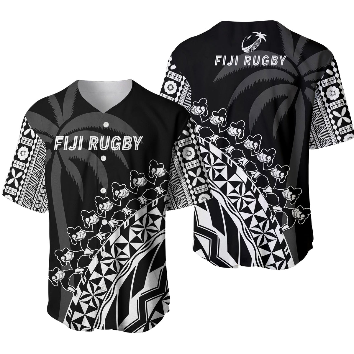 Fiji Rugby Baseball Jersey Fijian Cibi Dance Tapa Pattern Black - Wonder Print Shop