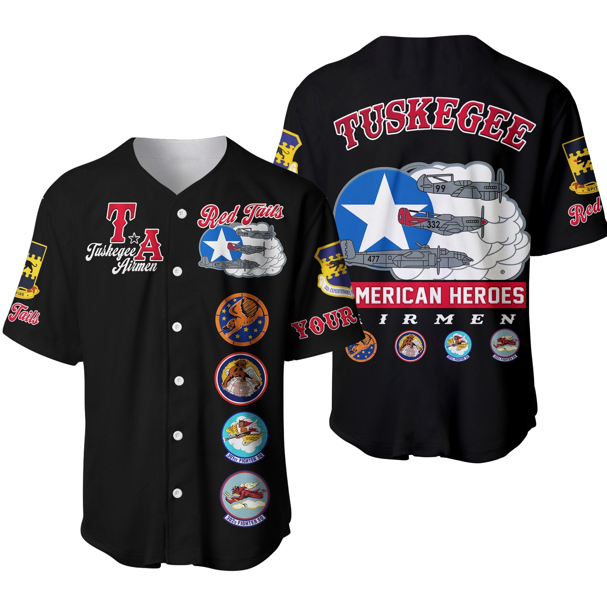 (Custom Personalised) Tuskegee Airmen Baseball Jersey Red Tail Angels American Heros - Wonder Print Shop