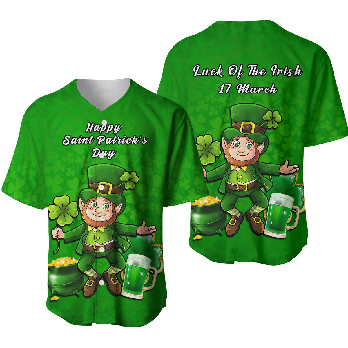 Ireland Baseball Jersey Saint Patricks Day Happy Leprechaun And Shamrock Ver.01 - Wonder Print Shop