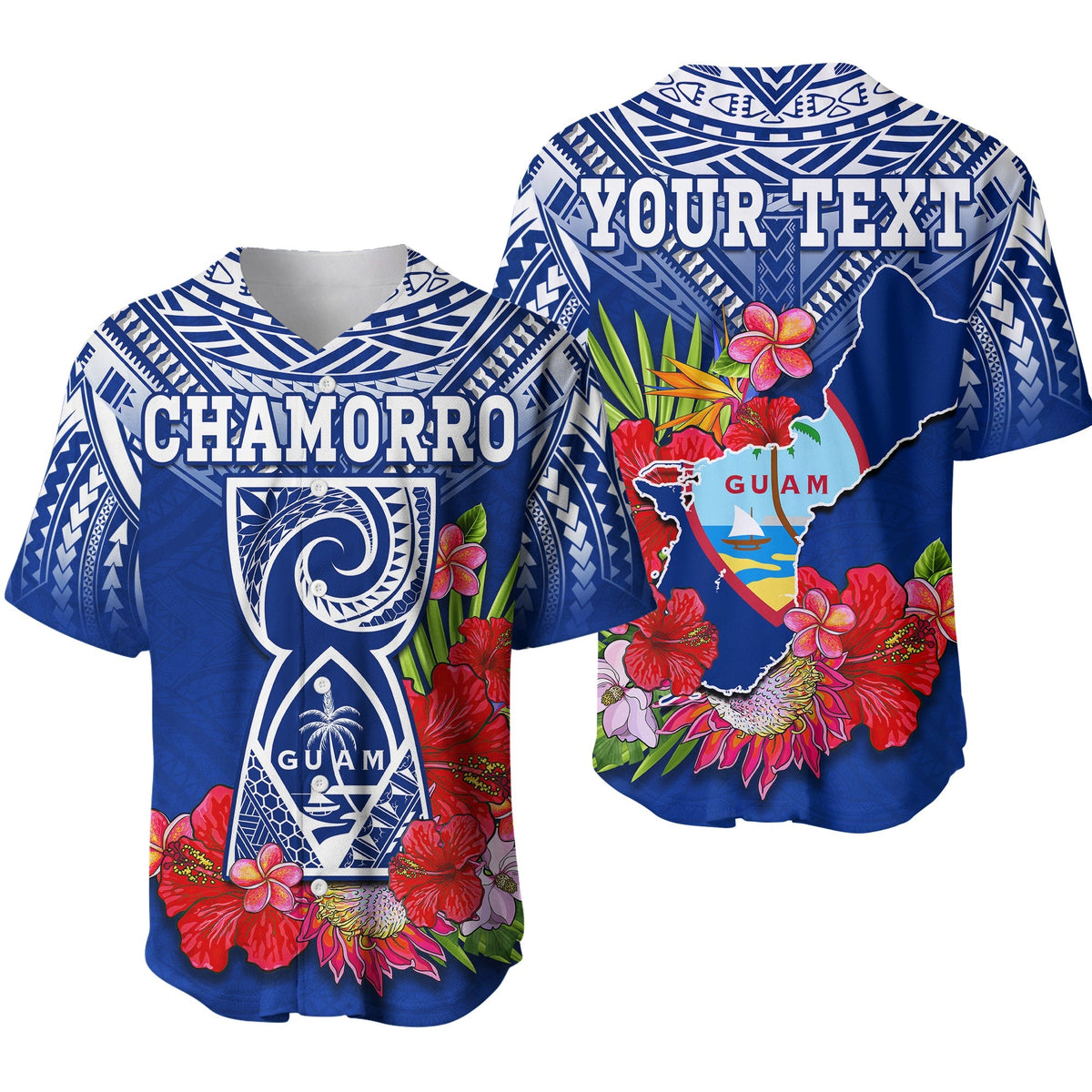 Custom Personalised Guam Chamorro Baseball Jersey Guaman Latte Stone Tropical Flowers Blue Version - Wonder Print Shop